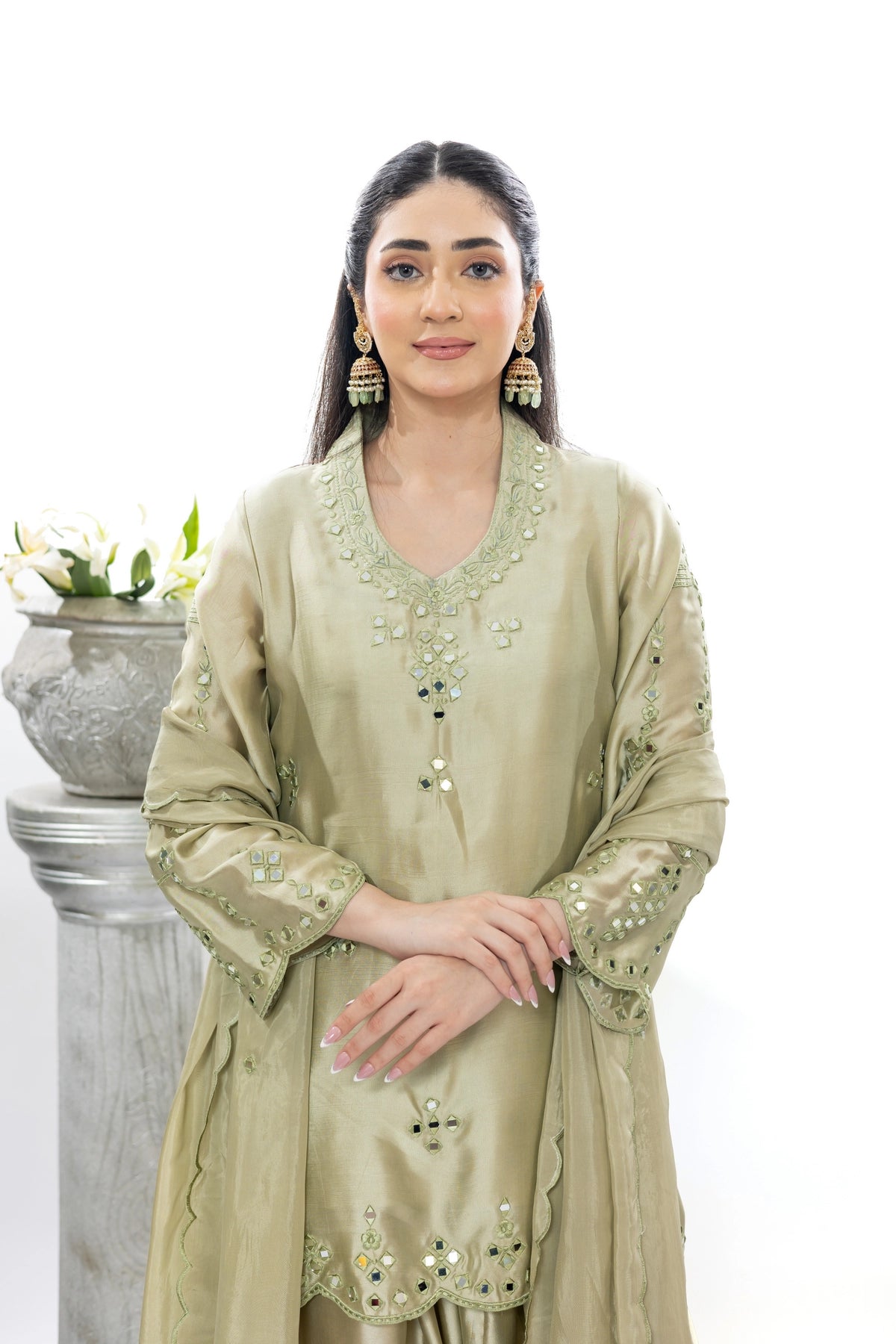 Sonakshi olive green Sheesha silk farshi shalwar kameez with medium silk dupatta by MariamRaj