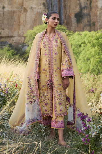Sonal Hussain Rehar Sunny Yellow Embroidered Lawn Stitched Suit with Embroidered Organza Dupatta