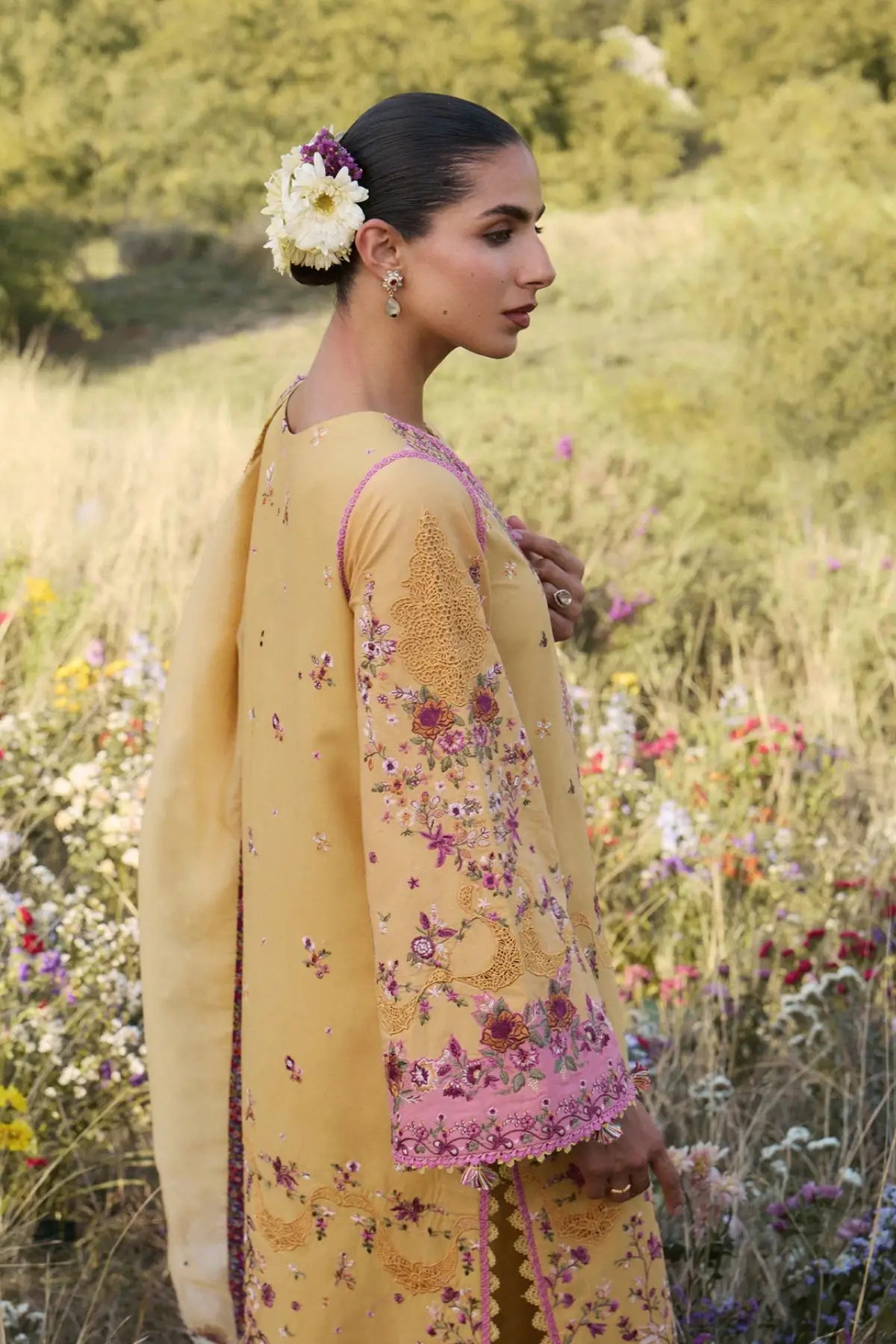 Sonal Hussain Rehar Sunny Yellow Embroidered Lawn Stitched Suit with Embroidered Organza Dupatta