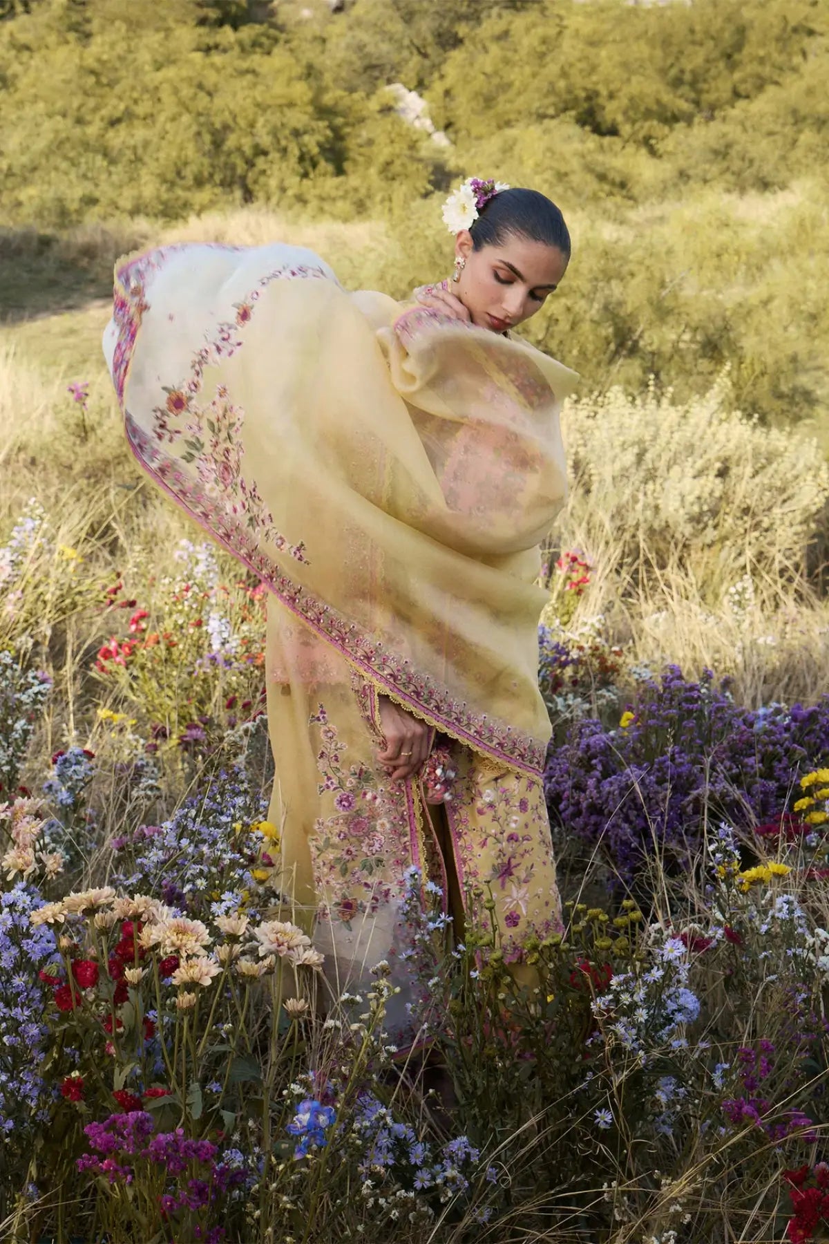 Sonal Hussain Rehar Sunny Yellow Embroidered Lawn Stitched Suit with Embroidered Organza Dupatta