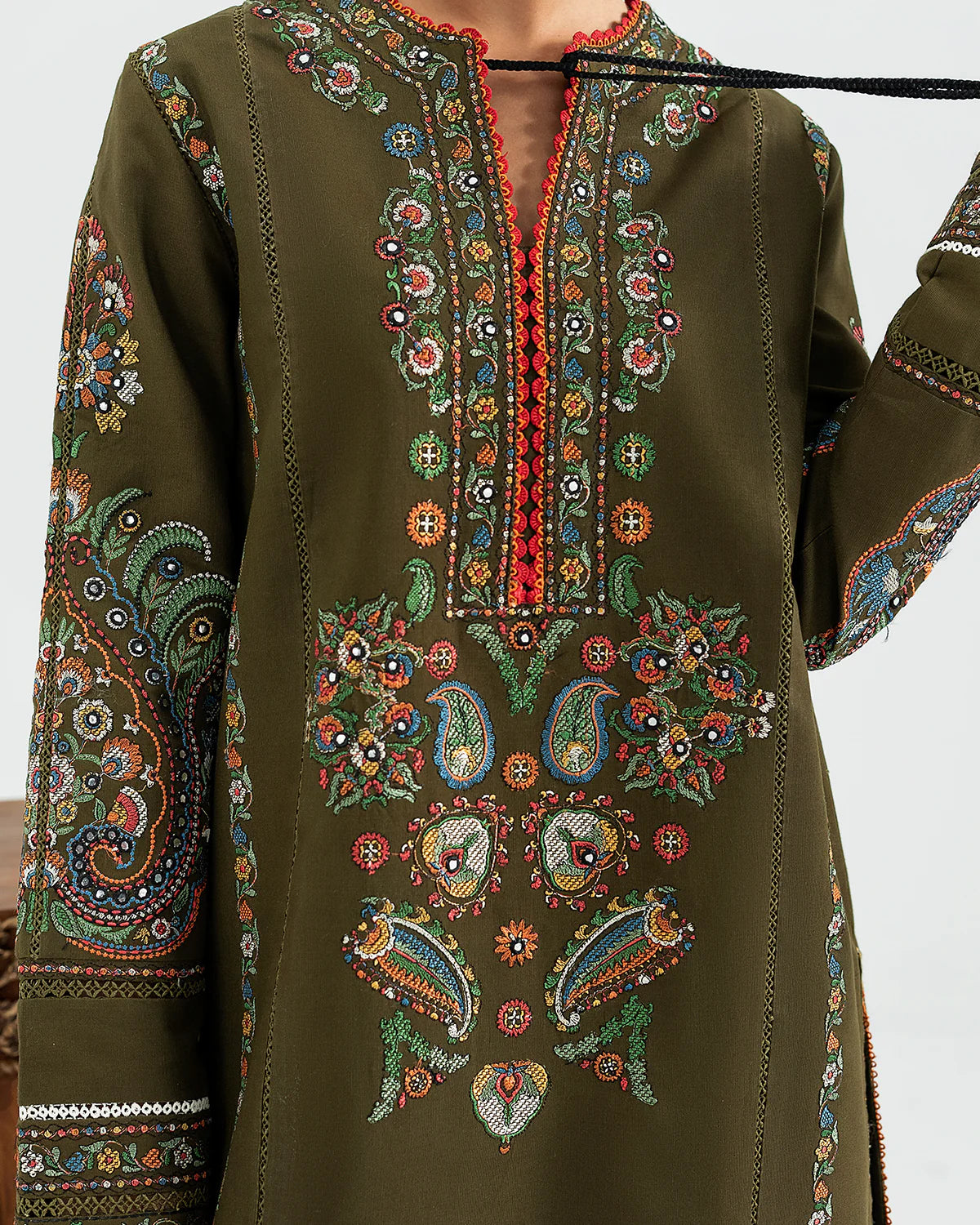 Jugnu Lahore Soni Thatch Green Khaddar embroidered 3pc suit with wool shawl, stitched to perfection and available for UK delivery.