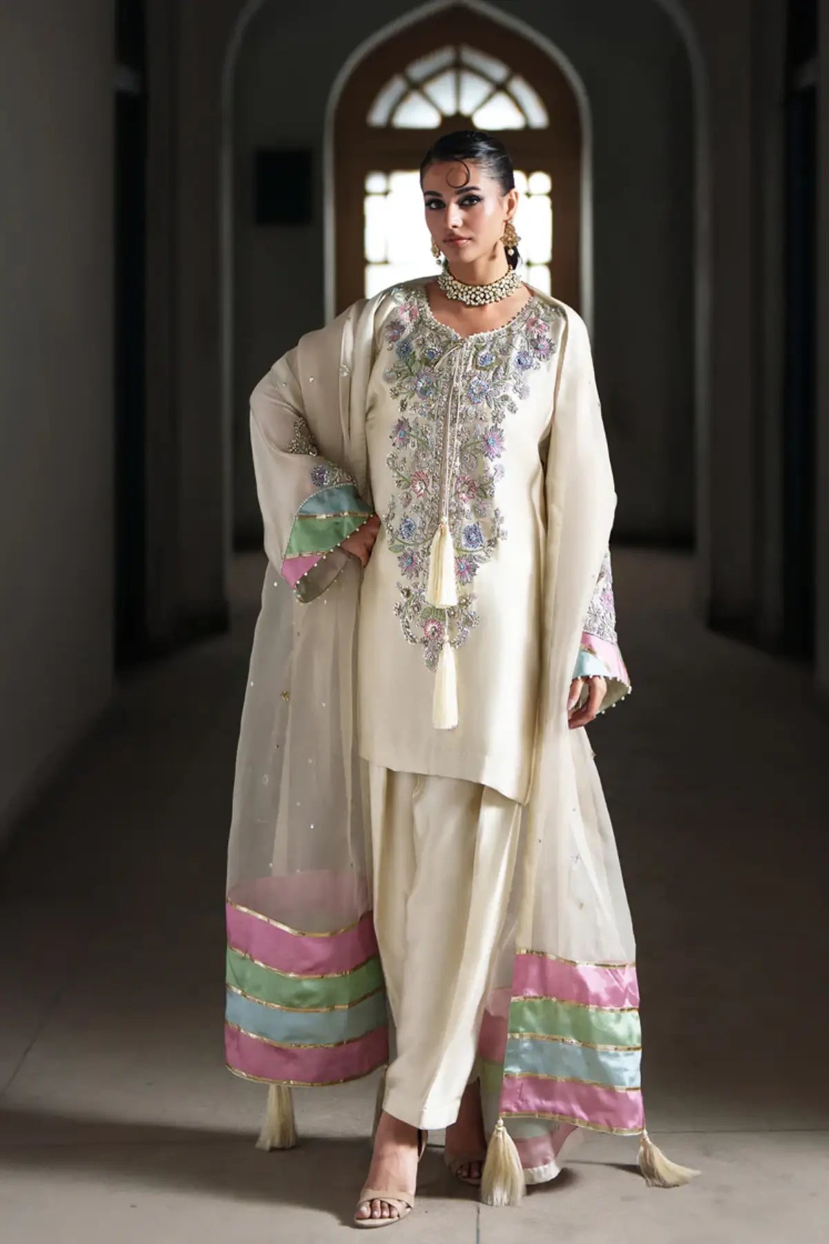 Sorbet champagne tissue silk embroidered stitched 3PC suit with organza dupatta formal wear Pakistanimoda