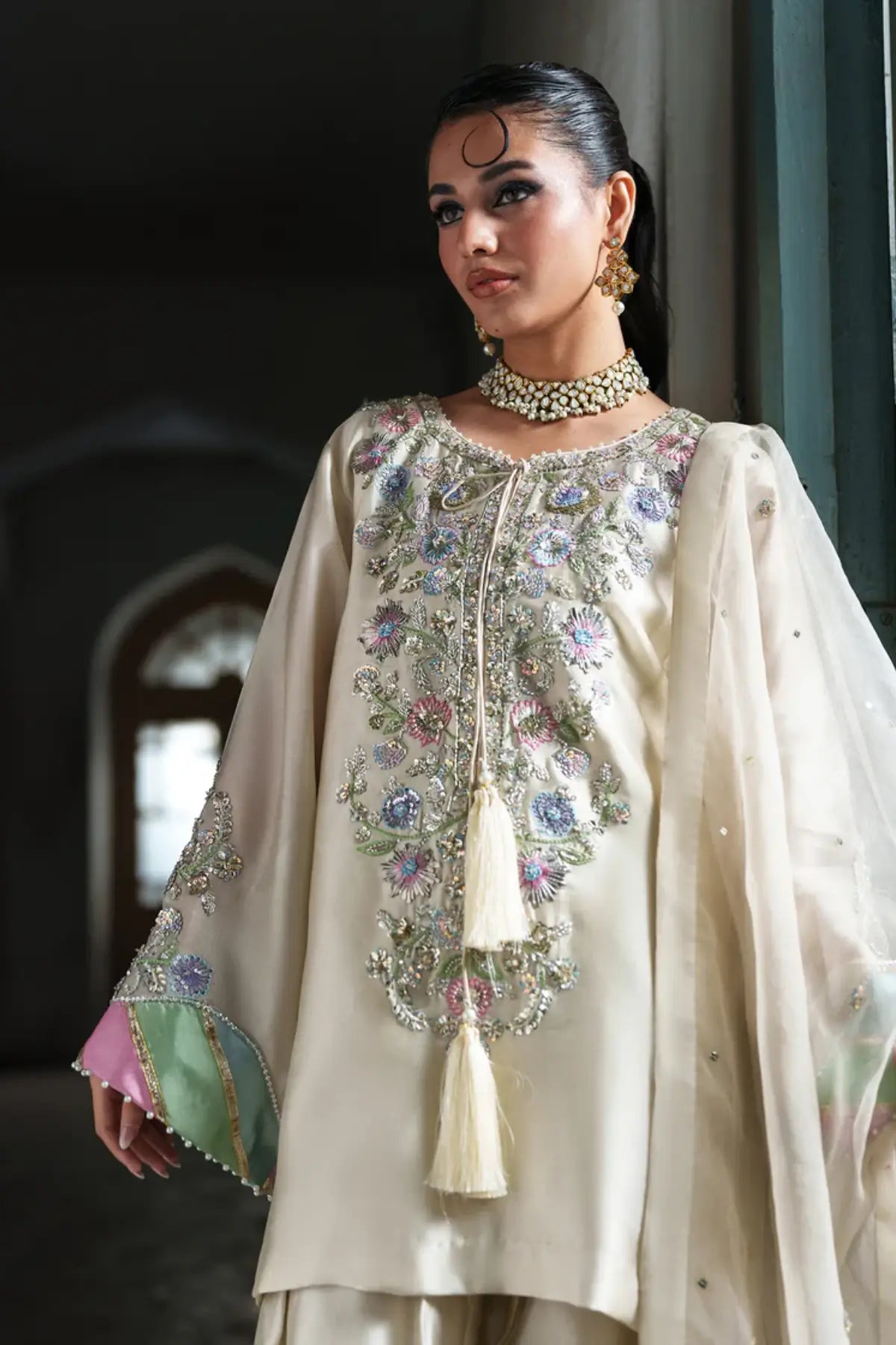 Sorbet champagne tissue silk embroidered stitched 3PC suit with organza dupatta formal wear Pakistanimoda