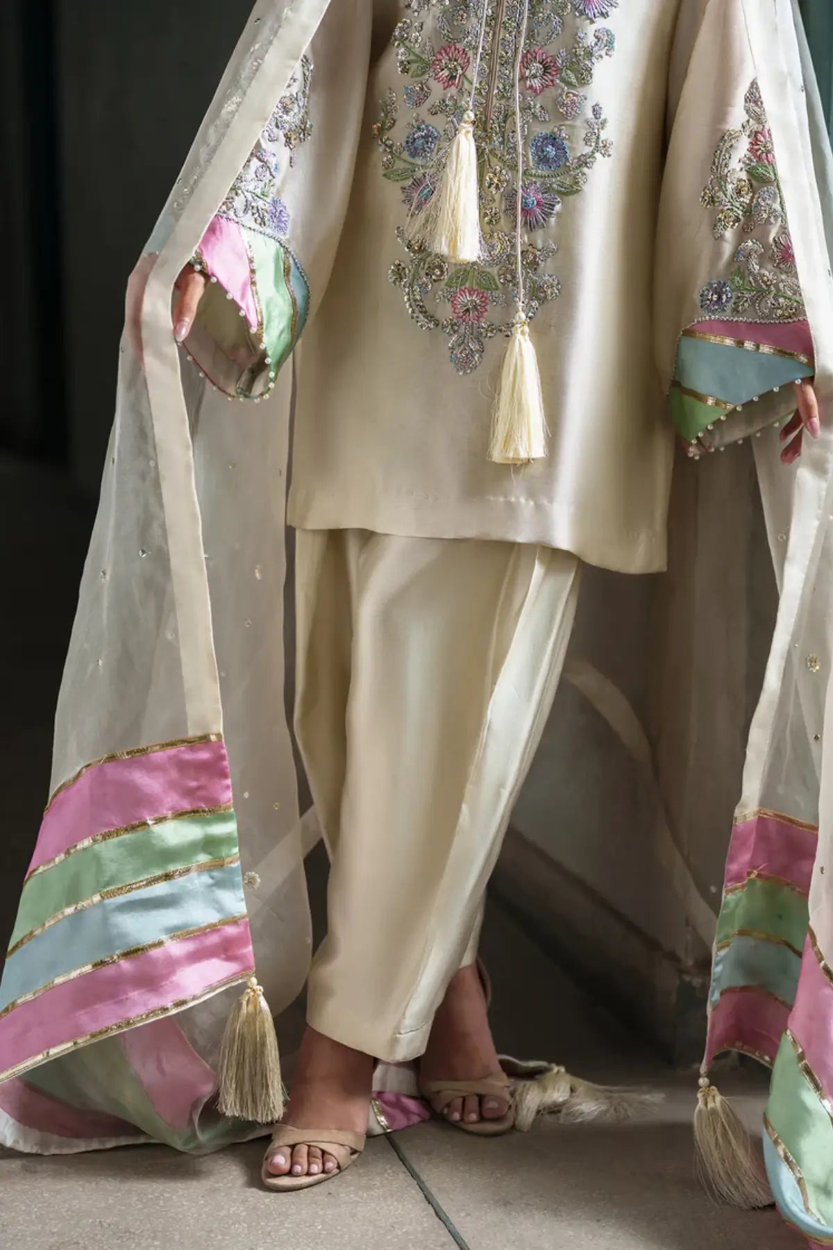 Sorbet champagne tissue silk embroidered stitched 3PC suit with organza dupatta formal wear Pakistanimoda