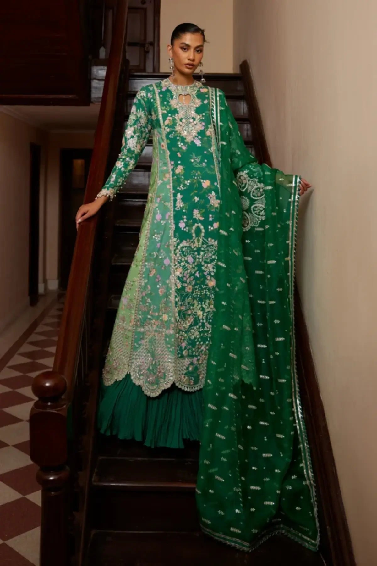 Sorelle Soraya Silk Edit '26 green printed raw silk Peshwas set with crushed raw silk pants and organza dupatta