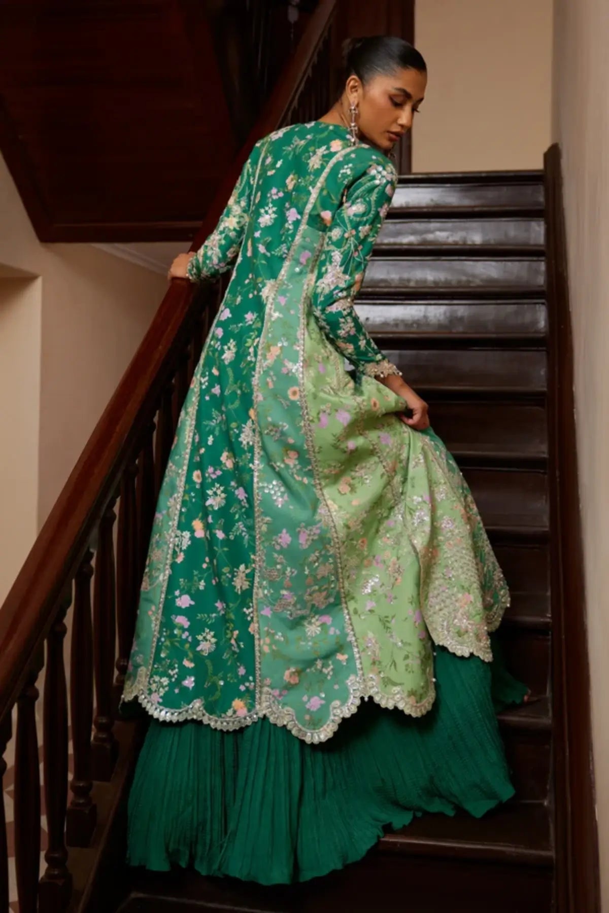 Sorelle Soraya Silk Edit '26 green printed raw silk Peshwas set with crushed raw silk pants and organza dupatta