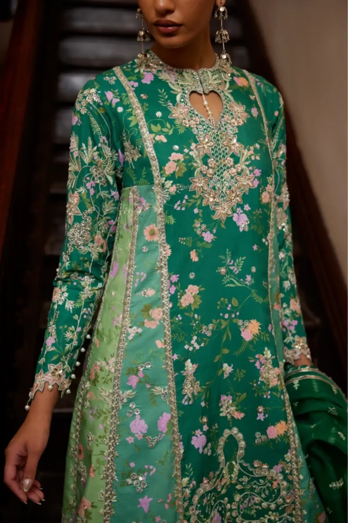 Sorelle Soraya Silk Edit '26 green printed raw silk Peshwas set with crushed raw silk pants and organza dupatta