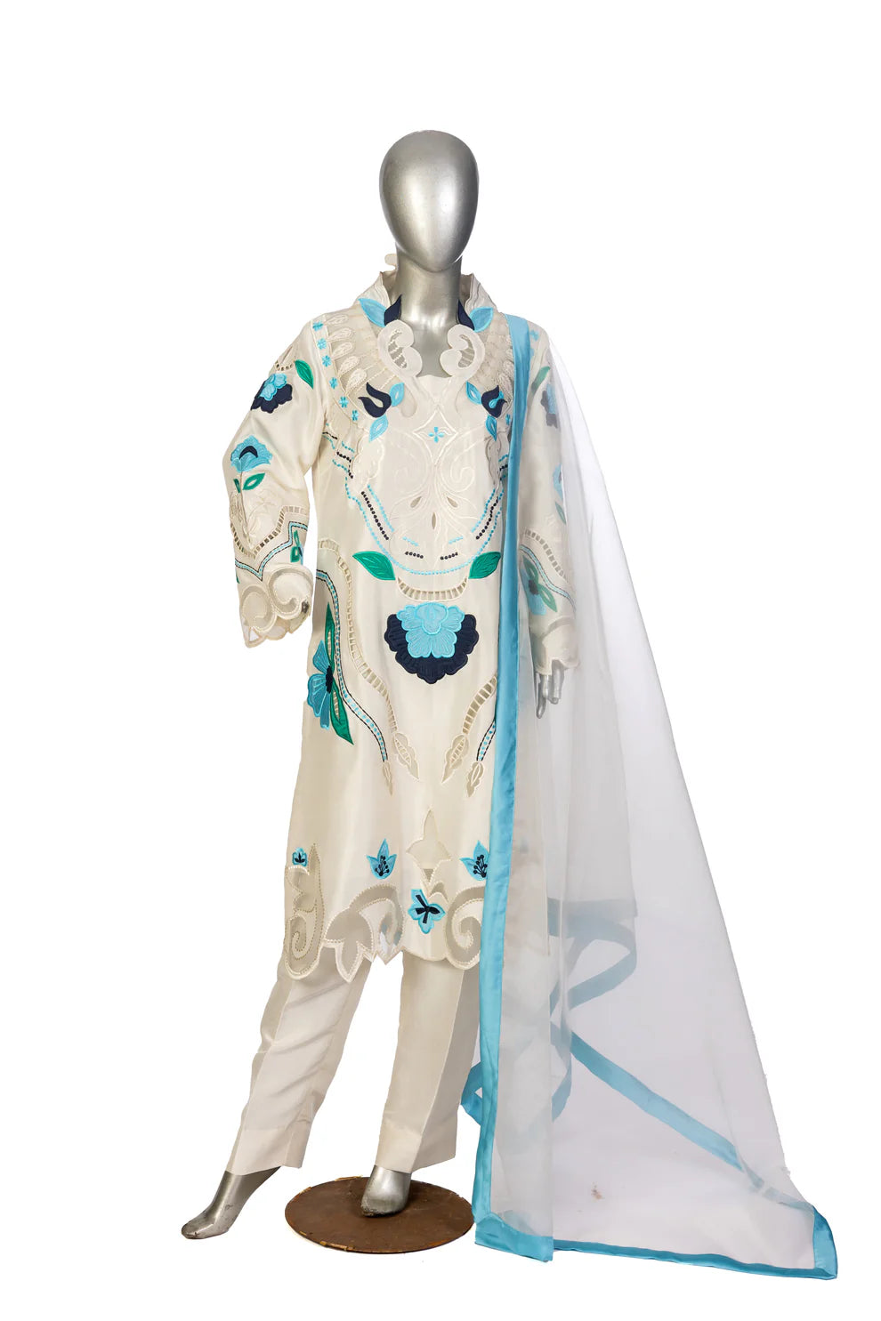 Soriel off-white silk outfit with hand-applique embroidery, organza dupatta, and Korean silk pants for casual parties, evening events, and dinner gatherings by MariamRaj