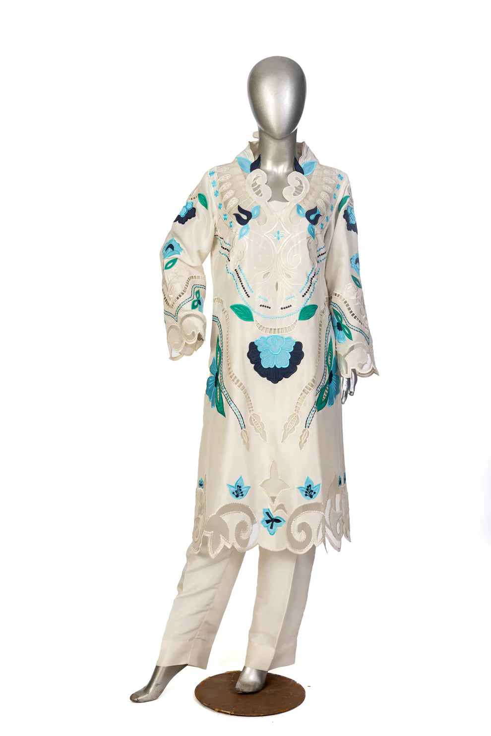 Soriel off-white silk outfit with hand-applique embroidery, organza dupatta, and Korean silk pants for casual parties, evening events, and dinner gatherings by MariamRaj