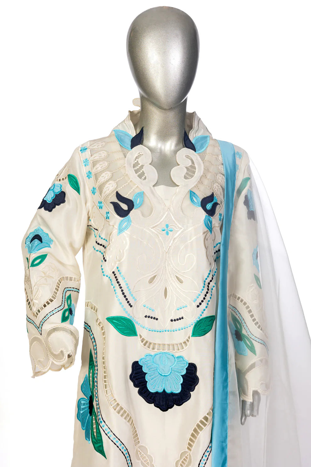 Soriel off-white silk outfit with hand-applique embroidery, organza dupatta, and Korean silk pants for casual parties, evening events, and dinner gatherings by MariamRaj