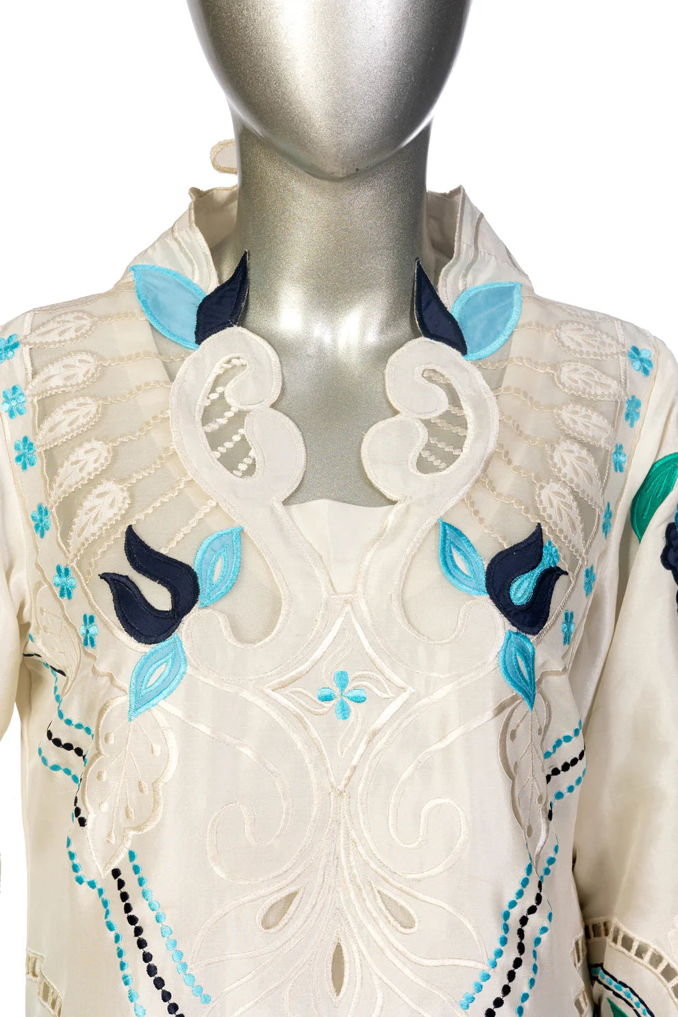 Soriel off-white silk outfit with hand-applique embroidery, organza dupatta, and Korean silk pants for casual parties, evening events, and dinner gatherings by MariamRaj