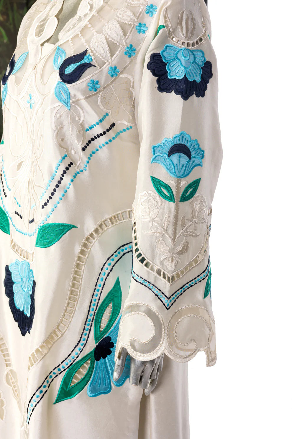 Soriel off-white silk outfit with hand-applique embroidery, organza dupatta, and Korean silk pants for casual parties, evening events, and dinner gatherings by MariamRaj