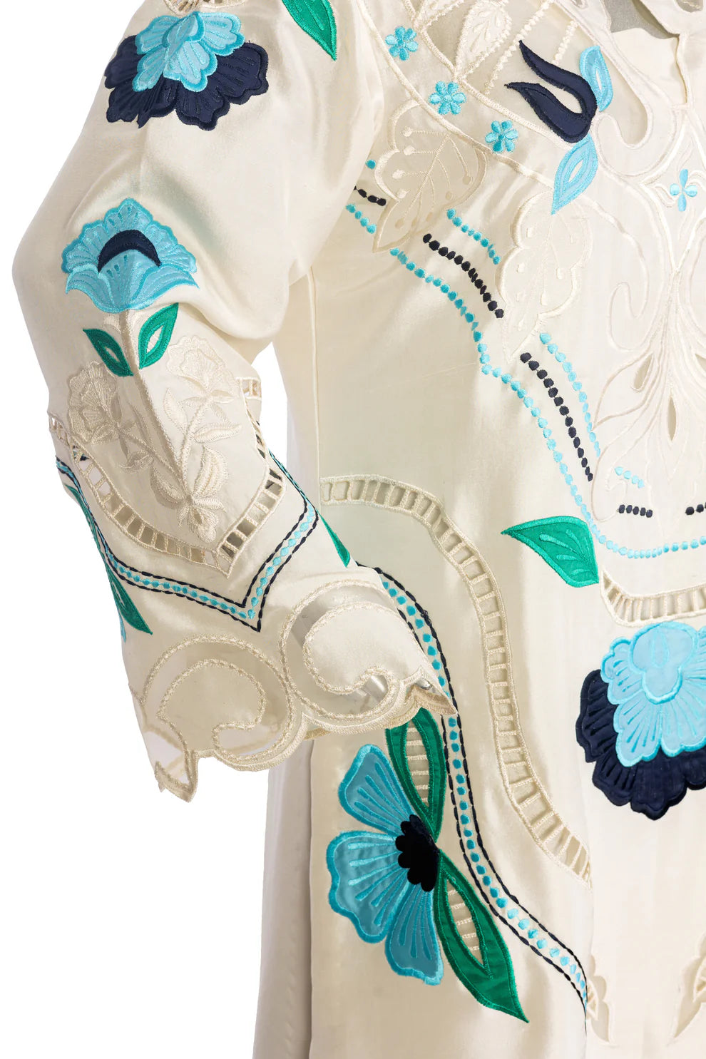 Soriel off-white silk outfit with hand-applique embroidery, organza dupatta, and Korean silk pants for casual parties, evening events, and dinner gatherings by MariamRaj