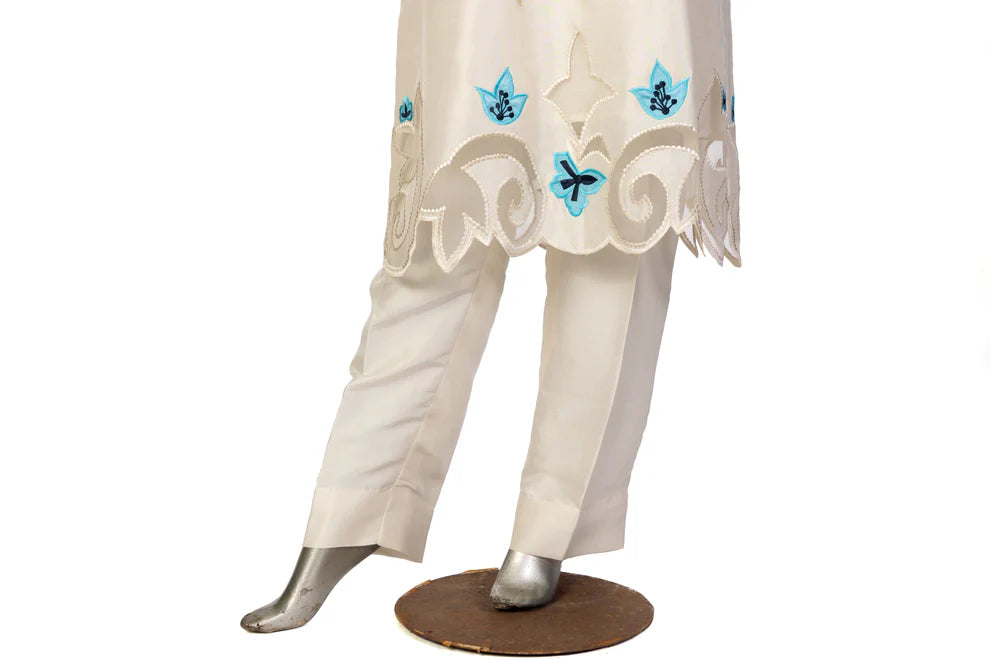 Soriel off-white silk outfit with hand-applique embroidery, organza dupatta, and Korean silk pants for casual parties, evening events, and dinner gatherings by MariamRaj