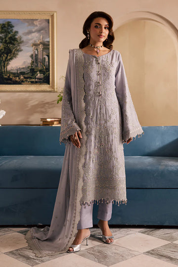 Lavender chiffon embroidered Pakistani outfit with organza lace and raw silk pants – ideal for weddings and formal events in the USA and UK.