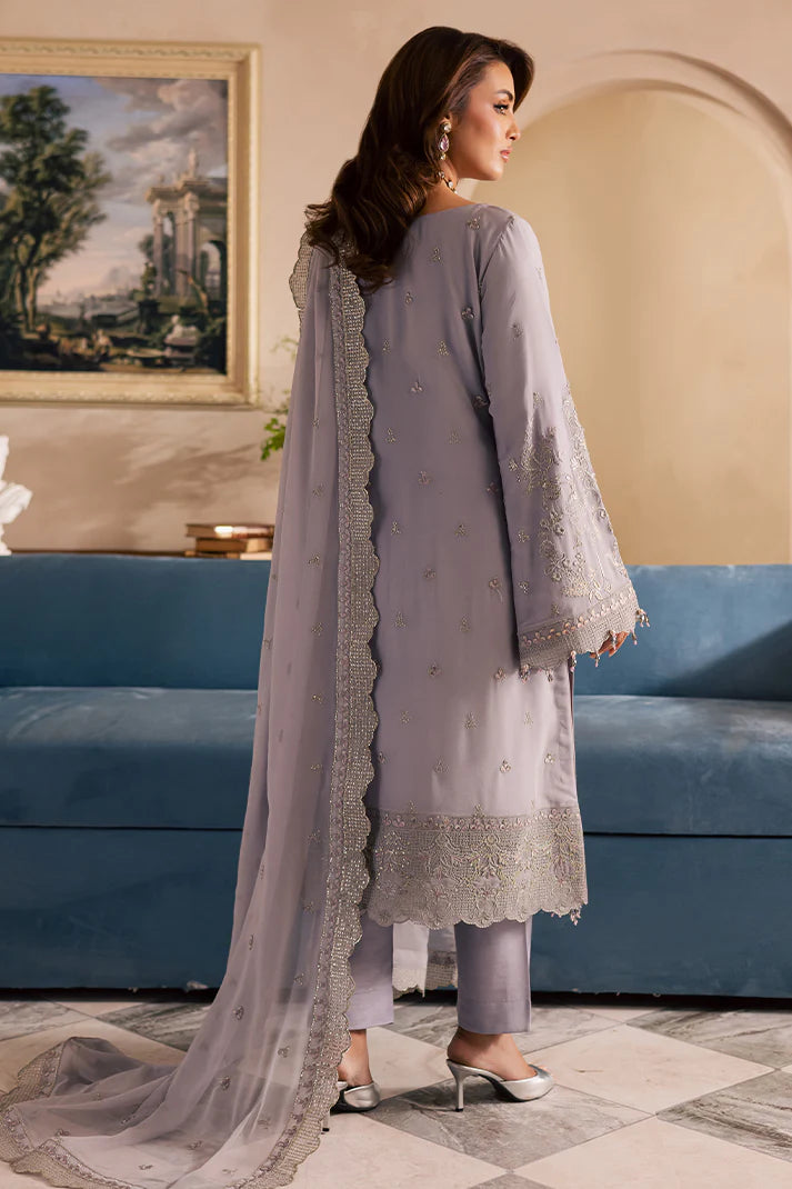 Lavender chiffon embroidered Pakistani outfit with organza lace and raw silk pants – ideal for weddings and formal events in the USA and UK.
