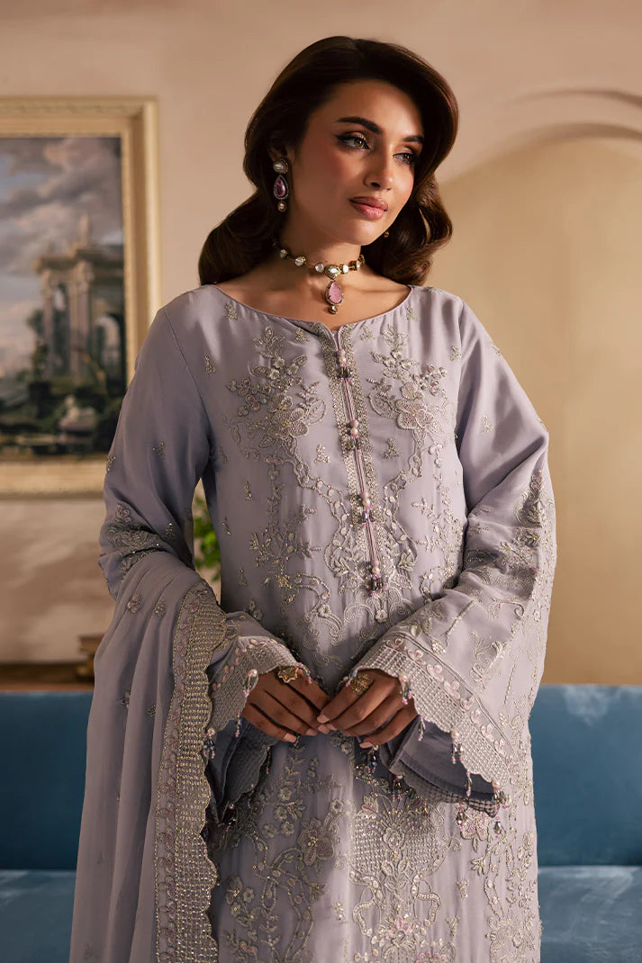Lavender chiffon embroidered Pakistani outfit with organza lace and raw silk pants – ideal for weddings and formal events in the USA and UK.