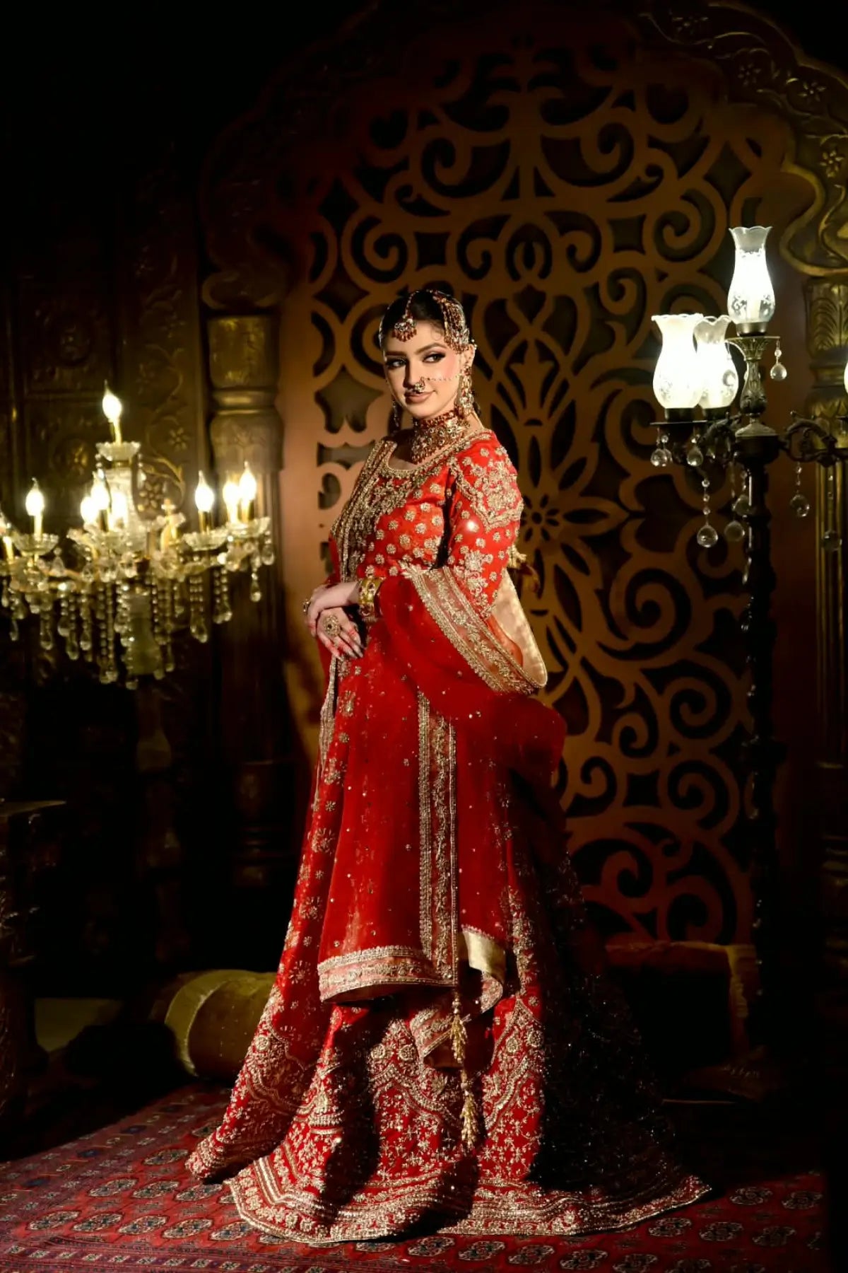 Sorrel by MariamRaj crimson hand embellished pure Khimkhab Pakistani bridal lehenga with net organza dupatta