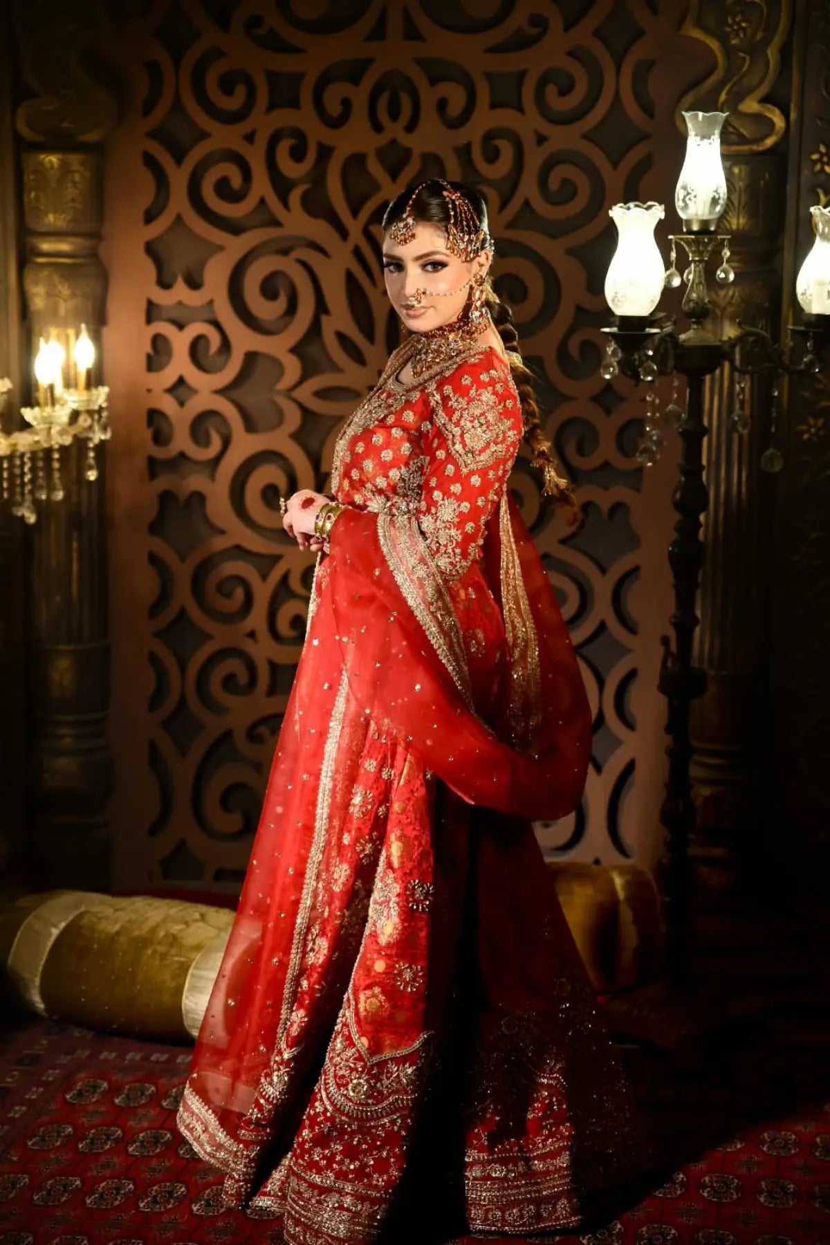 Sorrel by MariamRaj crimson hand embellished pure Khimkhab Pakistani bridal lehenga with net organza dupatta