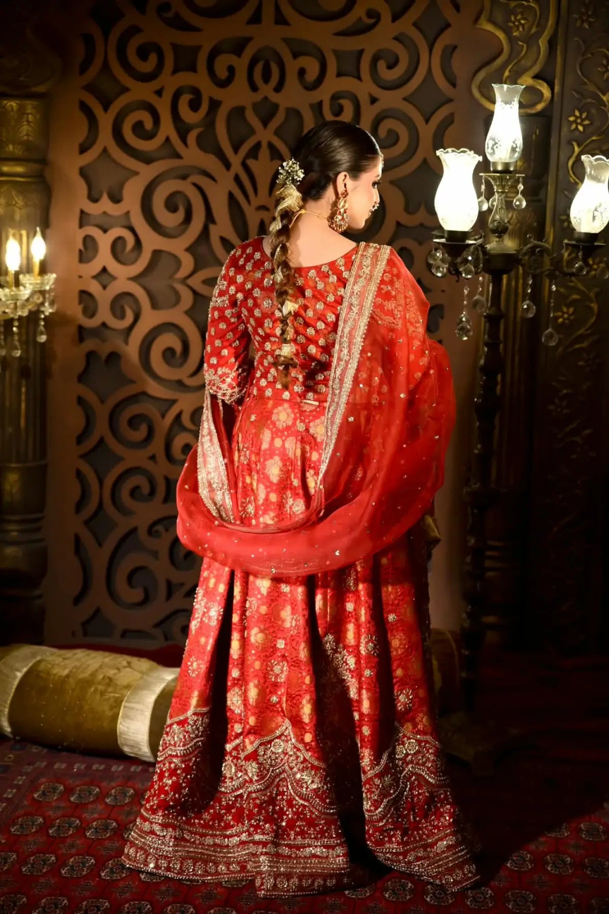 Sorrel by MariamRaj crimson hand embellished pure Khimkhab Pakistani bridal lehenga with net organza dupatta