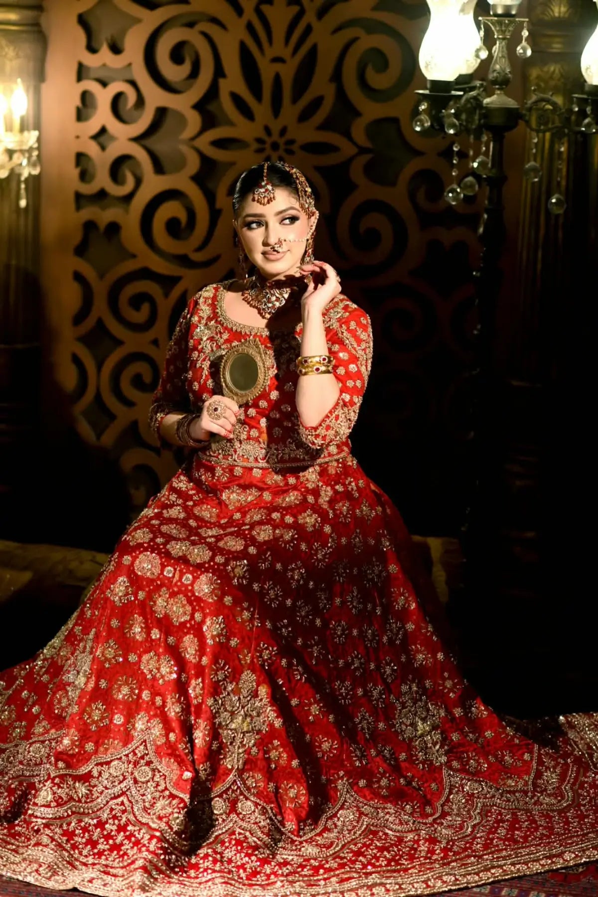 Sorrel by MariamRaj crimson hand embellished pure Khimkhab Pakistani bridal lehenga with net organza dupatta