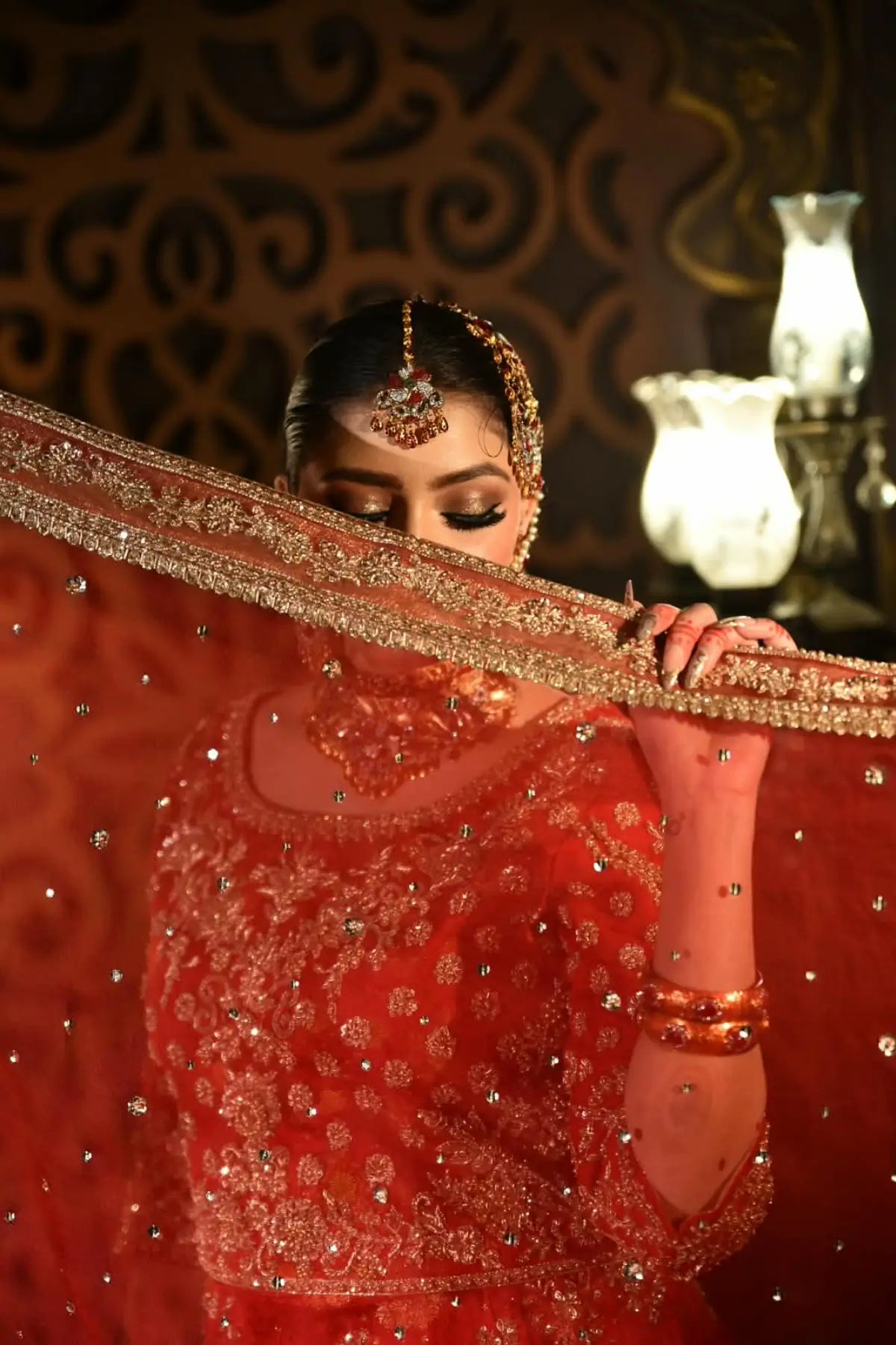 Sorrel by MariamRaj crimson hand embellished pure Khimkhab Pakistani bridal lehenga with net organza dupatta