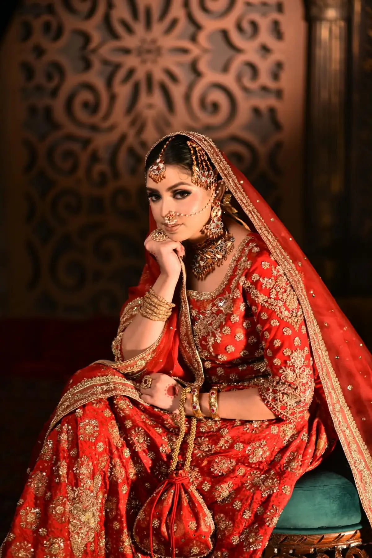 Sorrel by MariamRaj crimson hand embellished pure Khimkhab Pakistani bridal lehenga with net organza dupatta