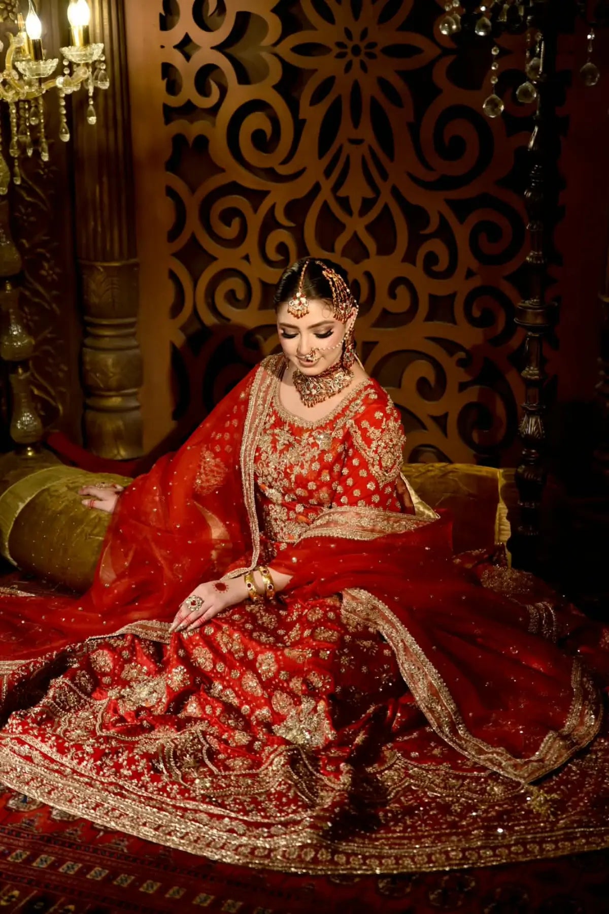 Sorrel by MariamRaj crimson hand embellished pure Khimkhab Pakistani bridal lehenga with net organza dupatta