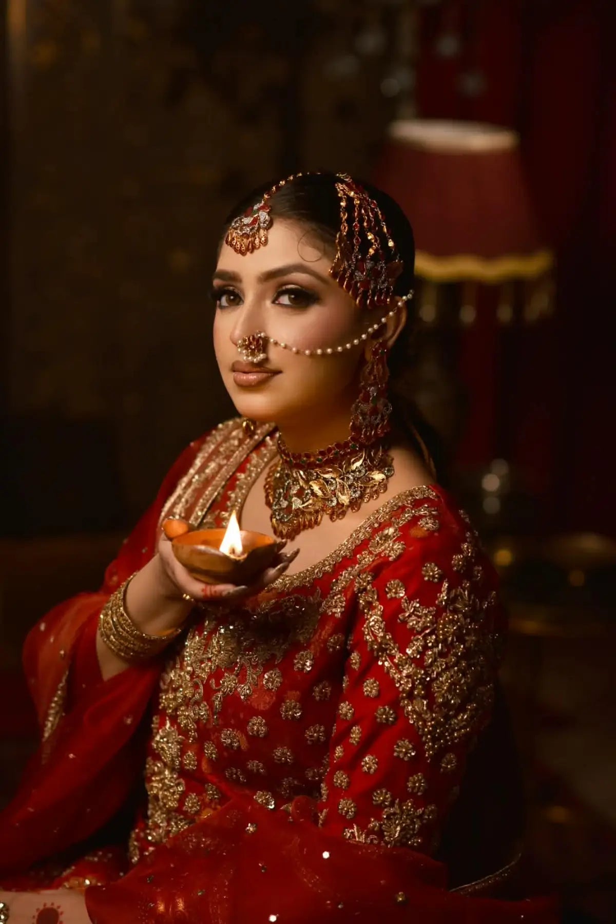 Sorrel by MariamRaj crimson hand embellished pure Khimkhab Pakistani bridal lehenga with net organza dupatta