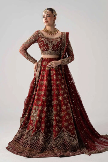 Sorrel deep red Mughal inspired bridal lehenga with jamawar skirt and net dupatta by Maria B
