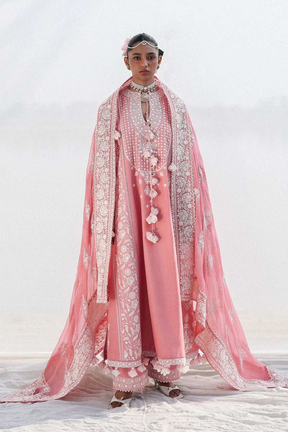 Light pink Sorti by Hussain Rehar stitched chikankari lawn 3PC with embroidered chiffon dupatta