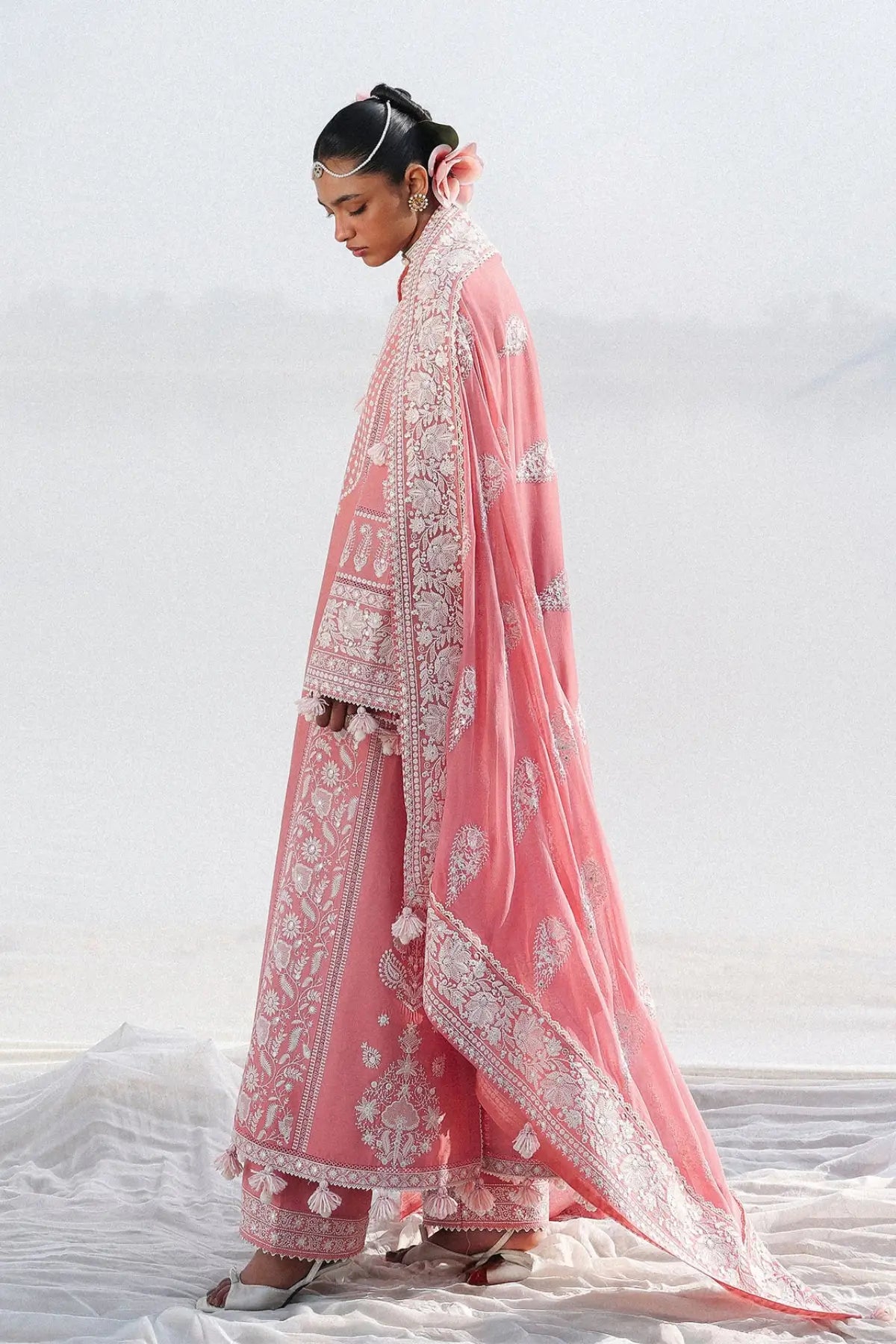 Light pink Sorti by Hussain Rehar stitched chikankari lawn 3PC with embroidered chiffon dupatta