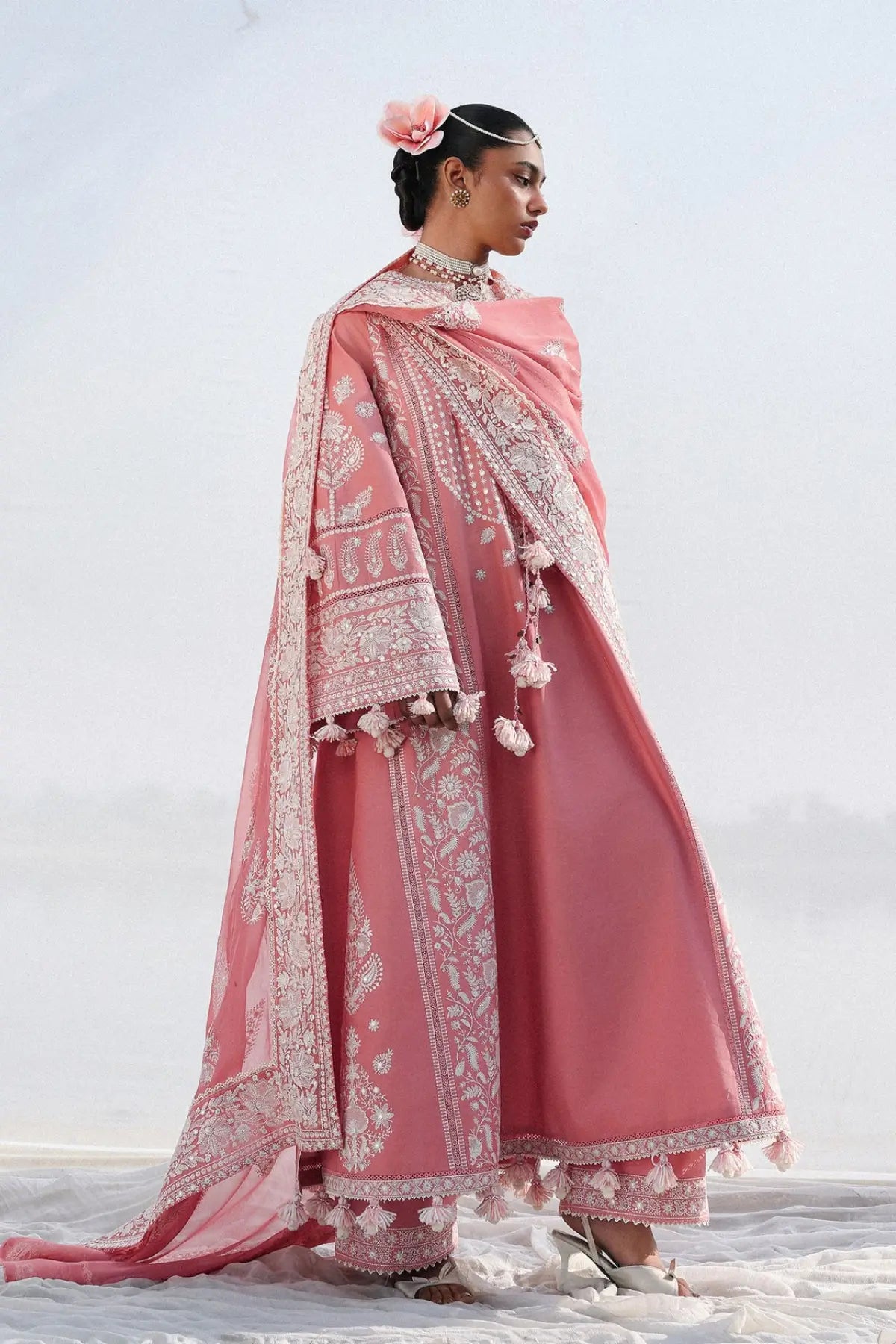 Light pink Sorti by Hussain Rehar stitched chikankari lawn 3PC with embroidered chiffon dupatta