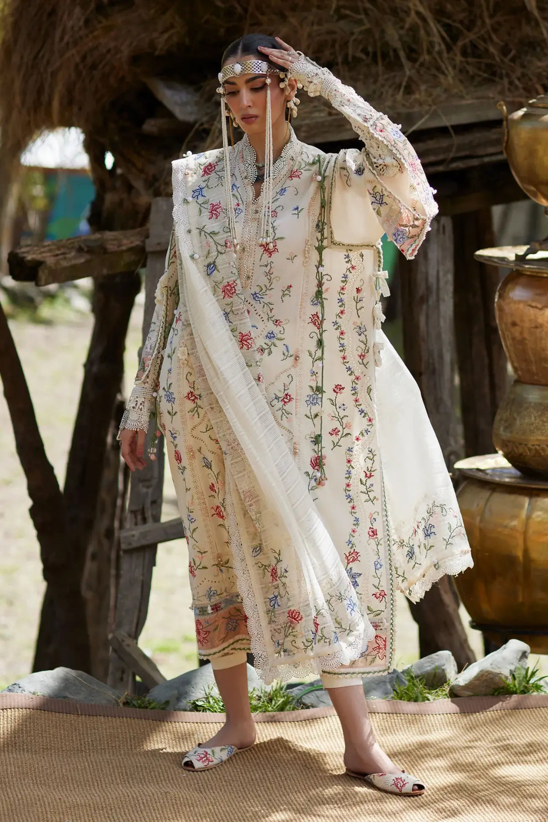 Sozraag EL26-03 B ivory festive Élan Lawn'26 stitched suit with organza dupatta