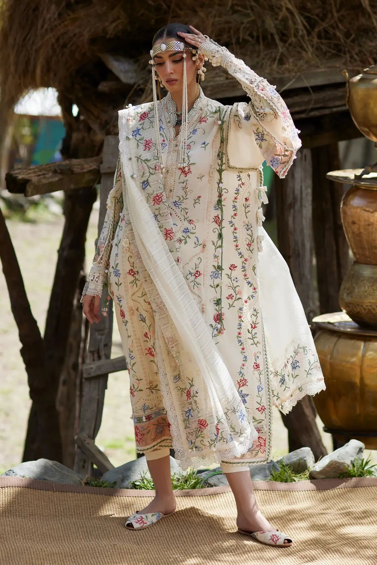 Sozraag EL26-03 B ivory festive Élan Lawn'26 stitched suit with organza dupatta