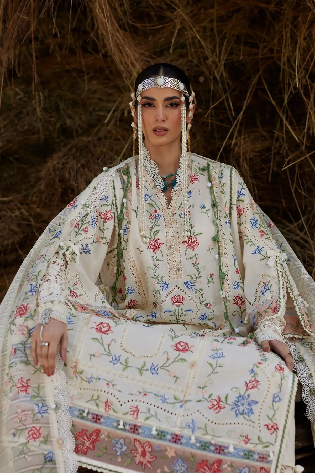 Sozraag EL26-03 B ivory festive Élan Lawn'26 stitched suit with organza dupatta