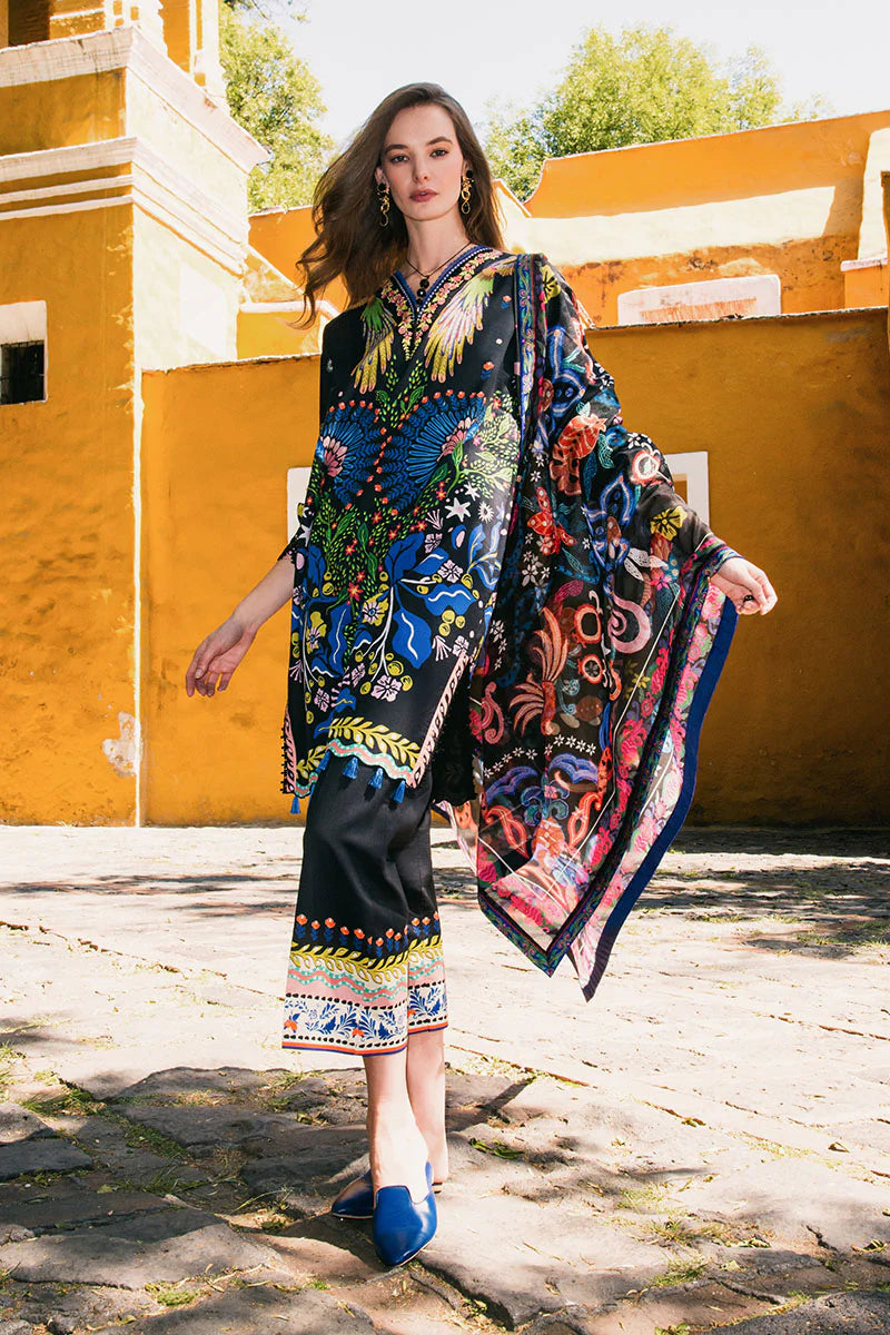 Spring Bouquet- Pakistani Black Lawn Suit with Organza Detailing By- Mushq