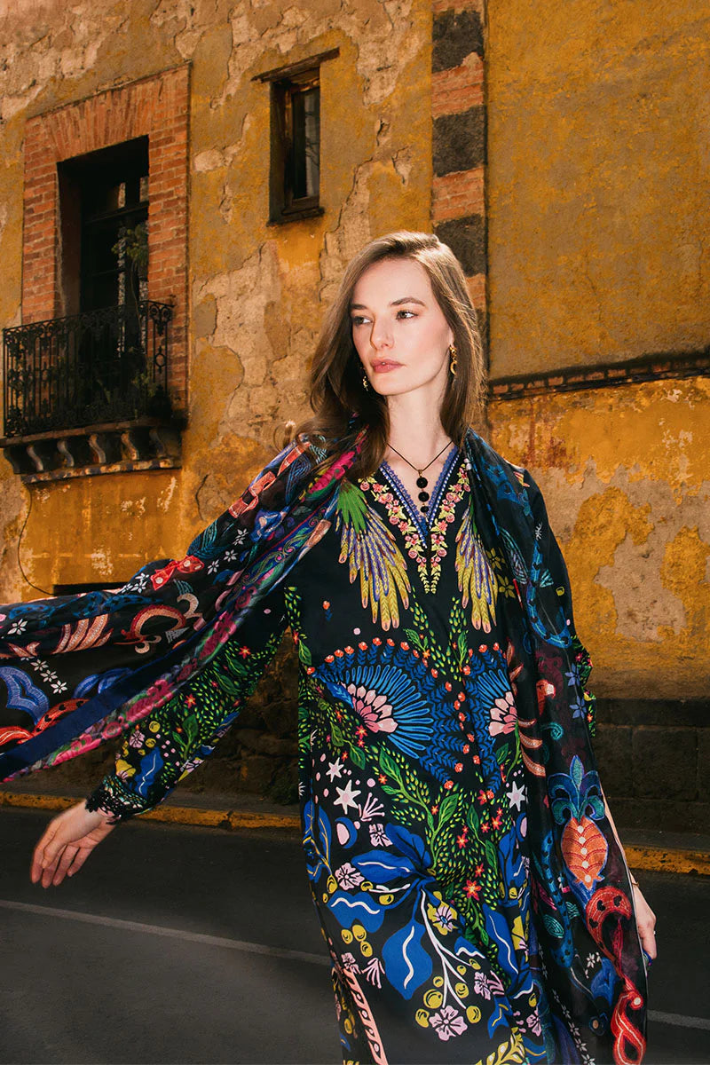 Spring Bouquet- Pakistani Black Lawn Suit with Organza Detailing By- Mushq