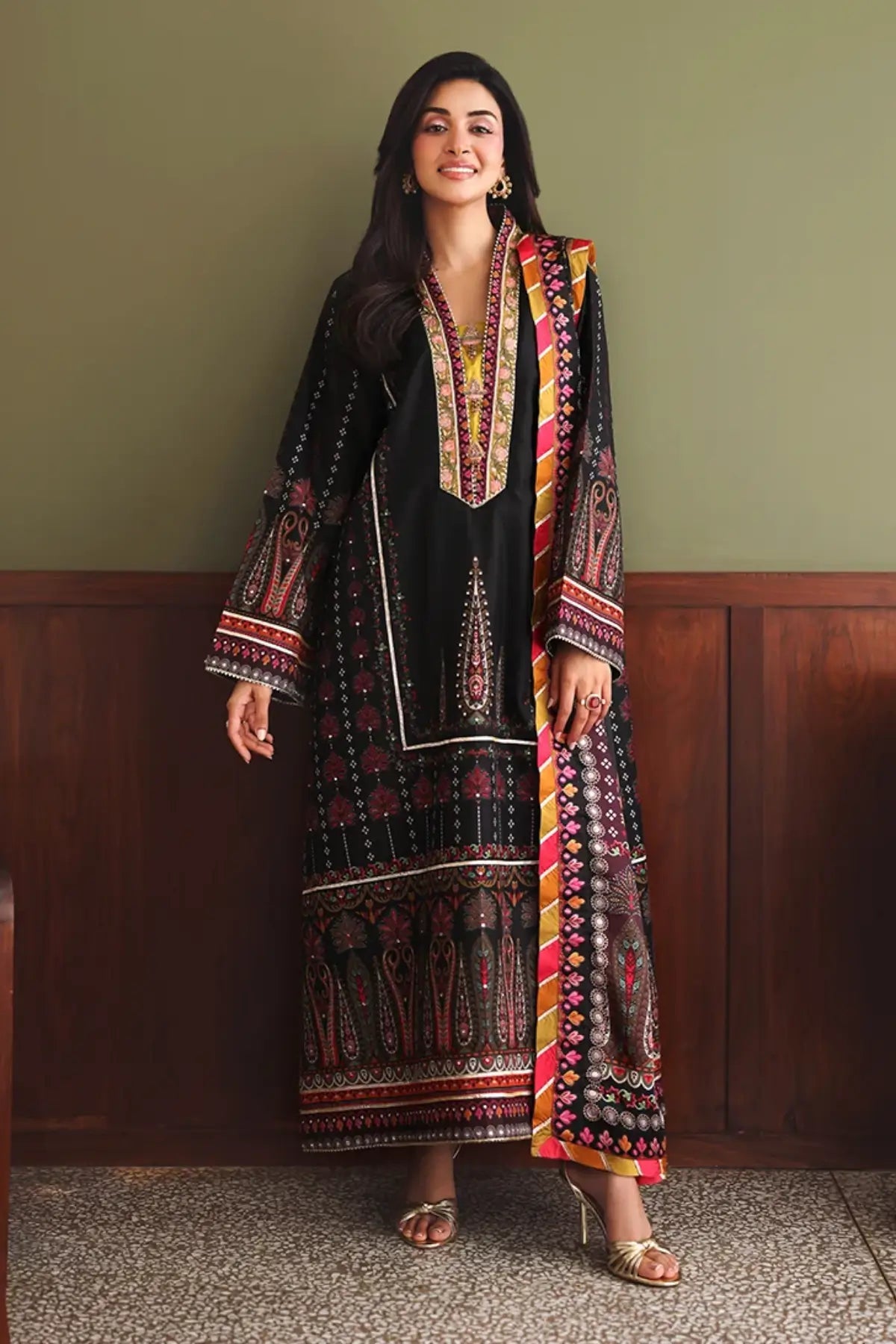 Star Off Duty Nirvana Anmol Edit black printed embellished raw silk traditional stitched Pakistani 3 piece with printed silk dupatta
