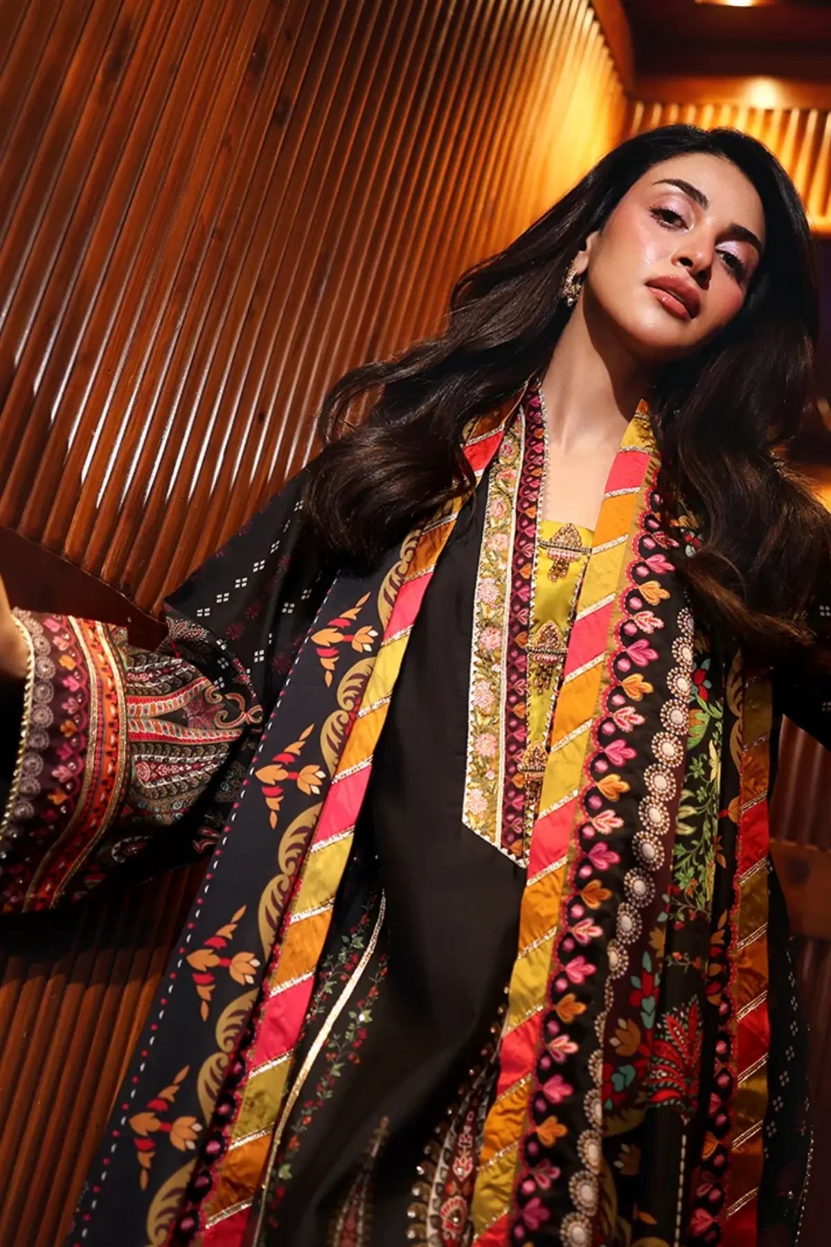 Star Off Duty Nirvana Anmol Edit black printed embellished raw silk traditional stitched Pakistani 3 piece with printed silk dupatta