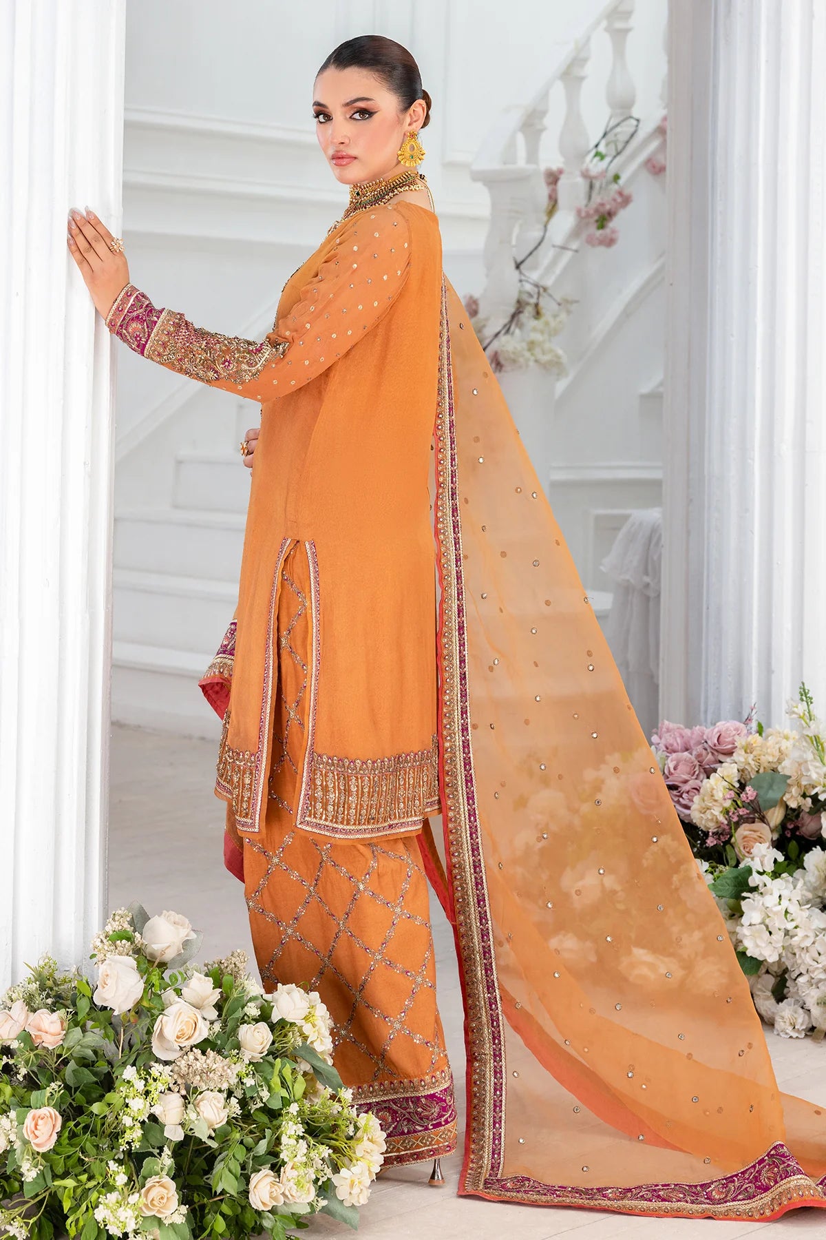 Charizma DD5-06 stitched orange chiffon Eid outfit with adda work, embroidered patti, printed organza dupatta, and raw silk trouser – Pakistanimoda