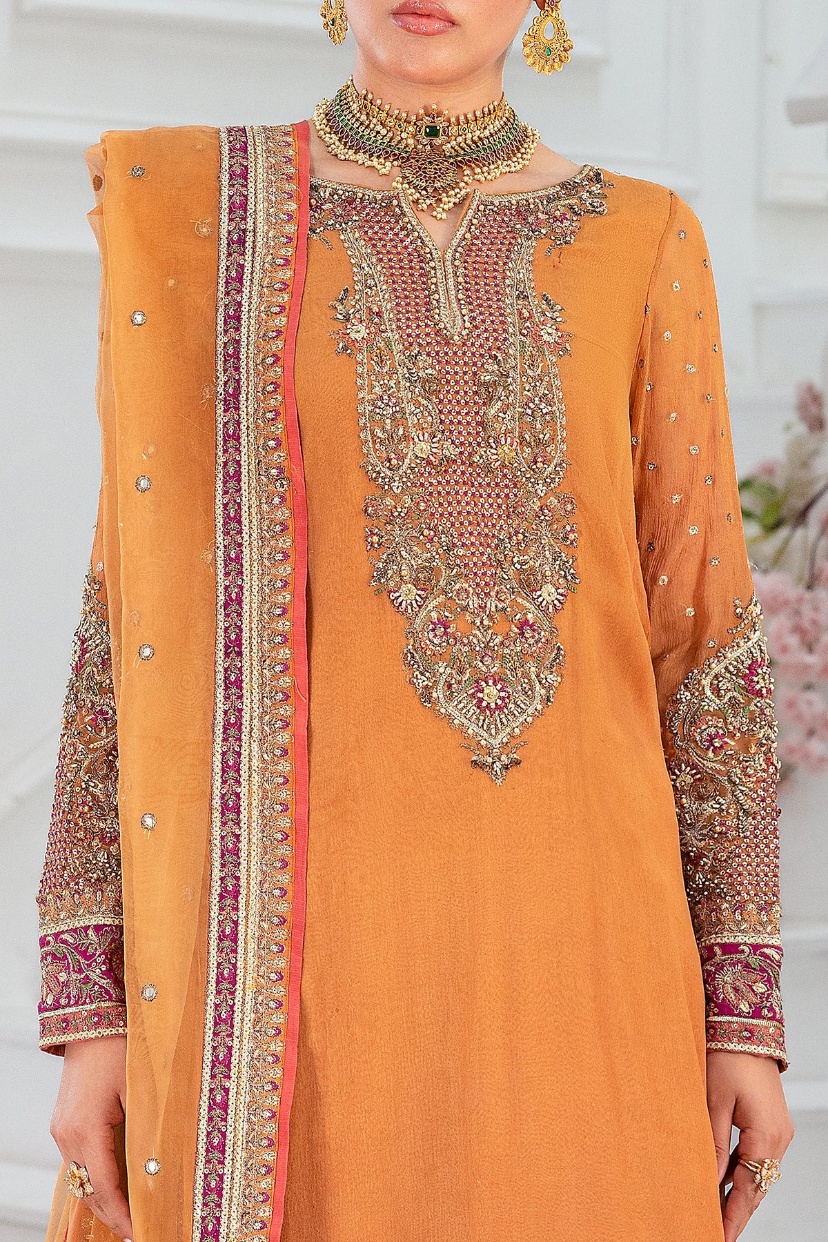 Charizma DD5-06 stitched orange chiffon Eid outfit with adda work, embroidered patti, printed organza dupatta, and raw silk trouser – Pakistanimoda