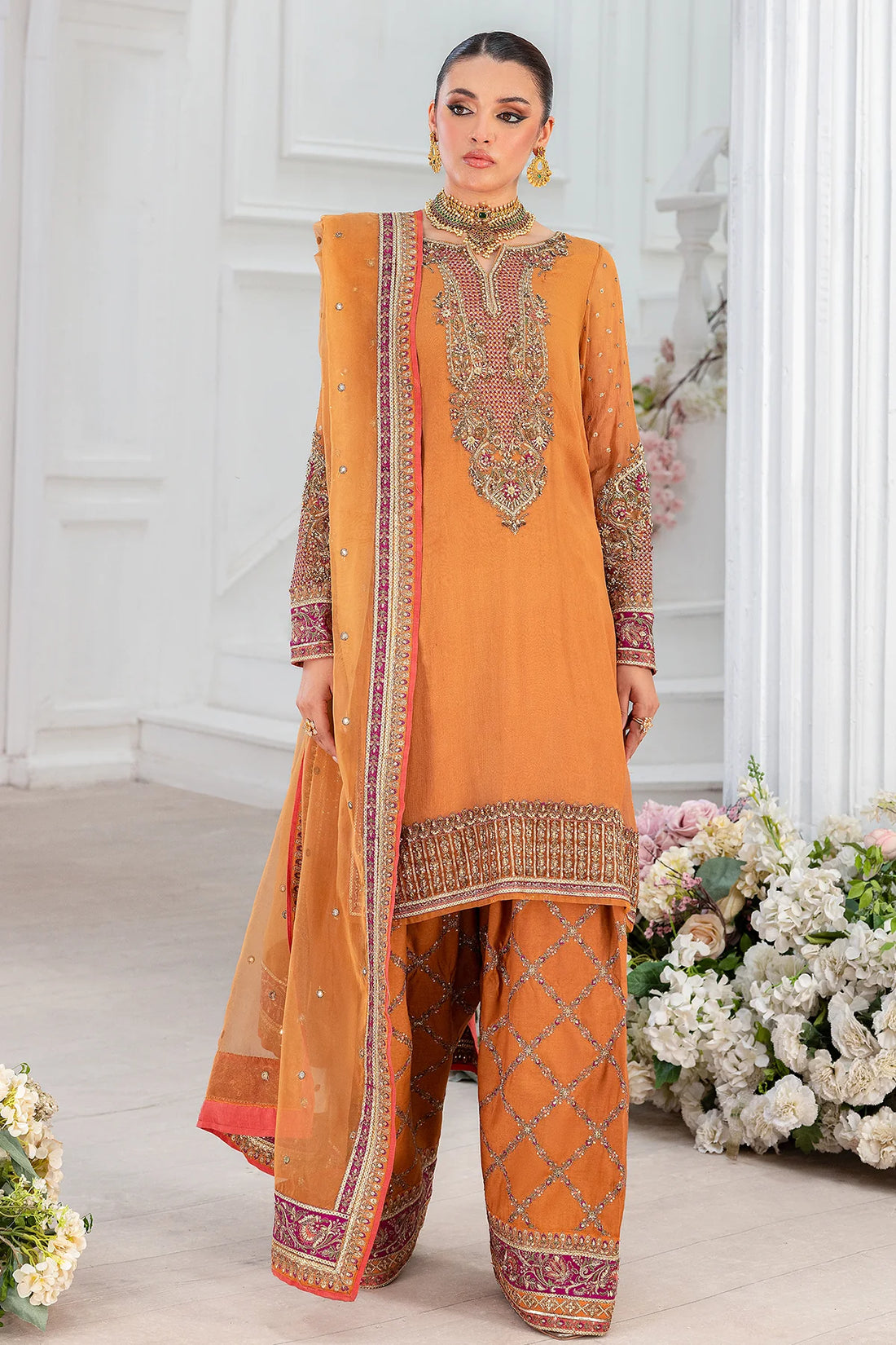 Charizma DD5-06 stitched orange chiffon Eid outfit with adda work, embroidered patti, printed organza dupatta, and raw silk trouser – Pakistanimoda