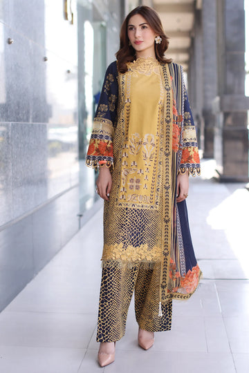 Stylish Charizma 3PC Lawn Suit CC5-28-Gold & Navy Blue Stitched Embroidered Outfit