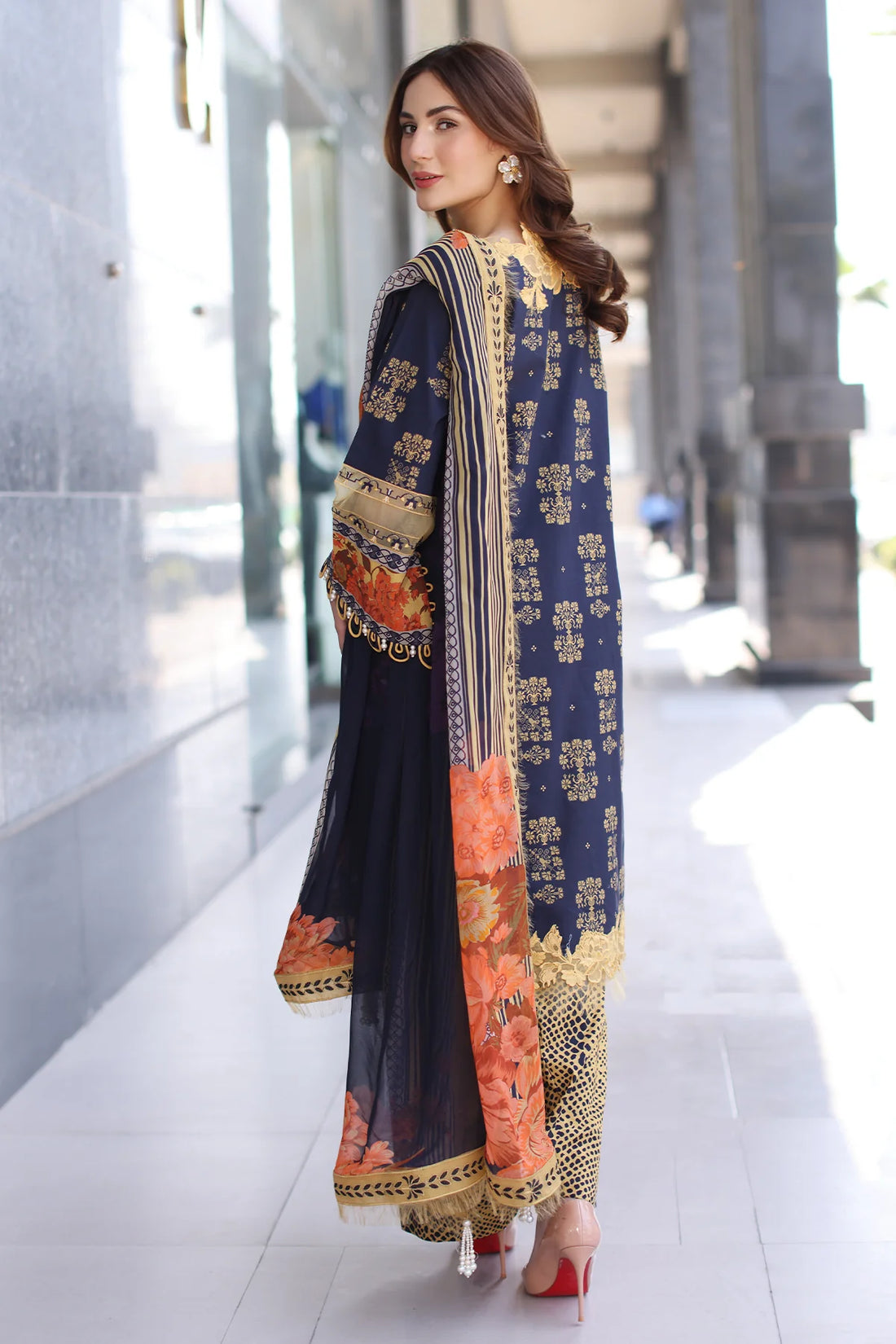Stylish Charizma 3PC Lawn Suit CC5-28-Gold & Navy Blue Stitched Embroidered Outfit