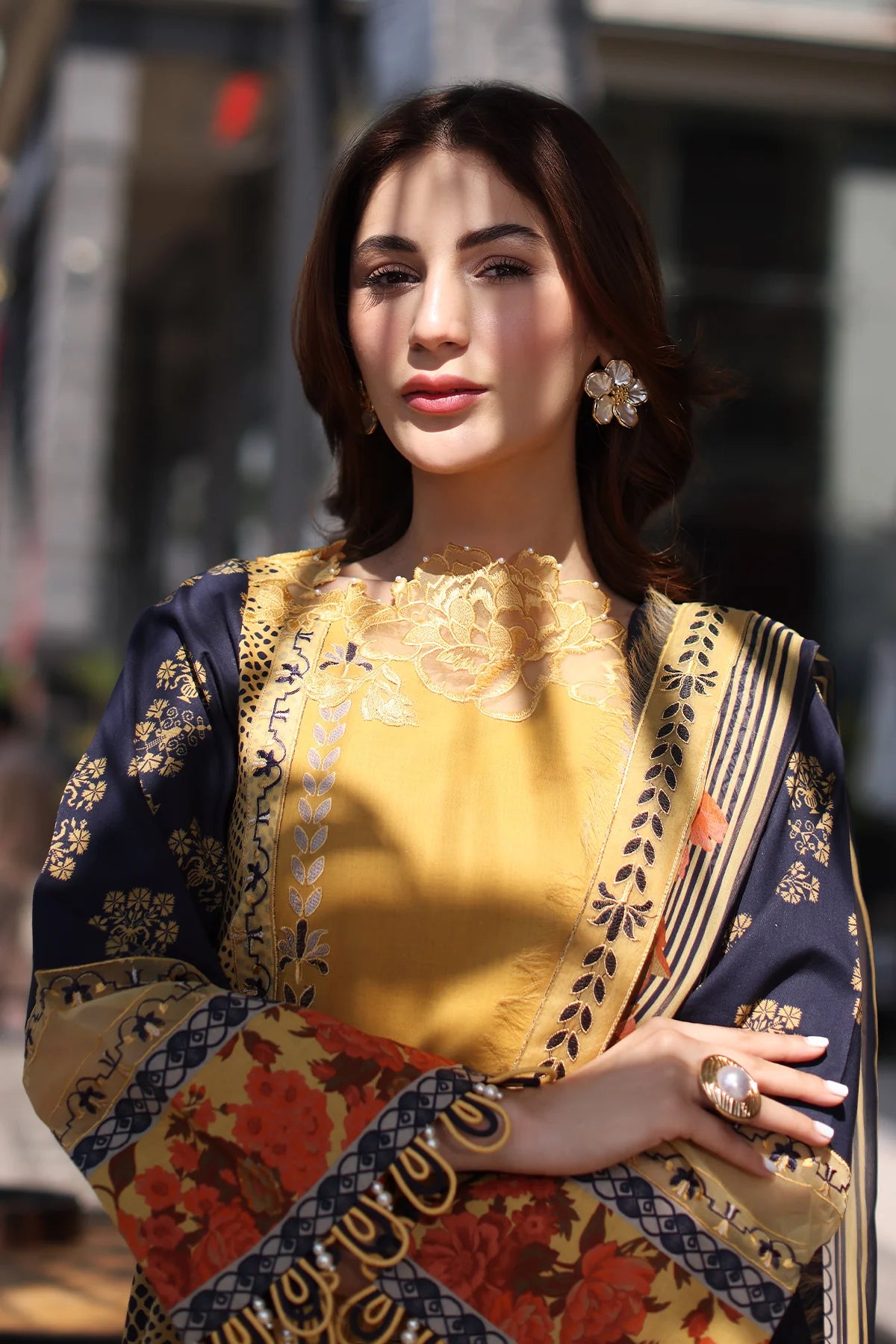 Stylish Charizma 3PC Lawn Suit CC5-28-Gold & Navy Blue Stitched Embroidered Outfit