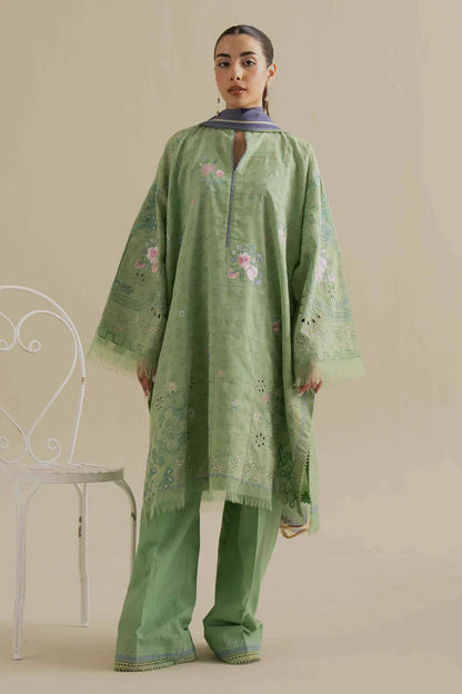 Sufa-5A- Pastel green delicate hand-embroidered jacquard suit By- Zara Shahjahan