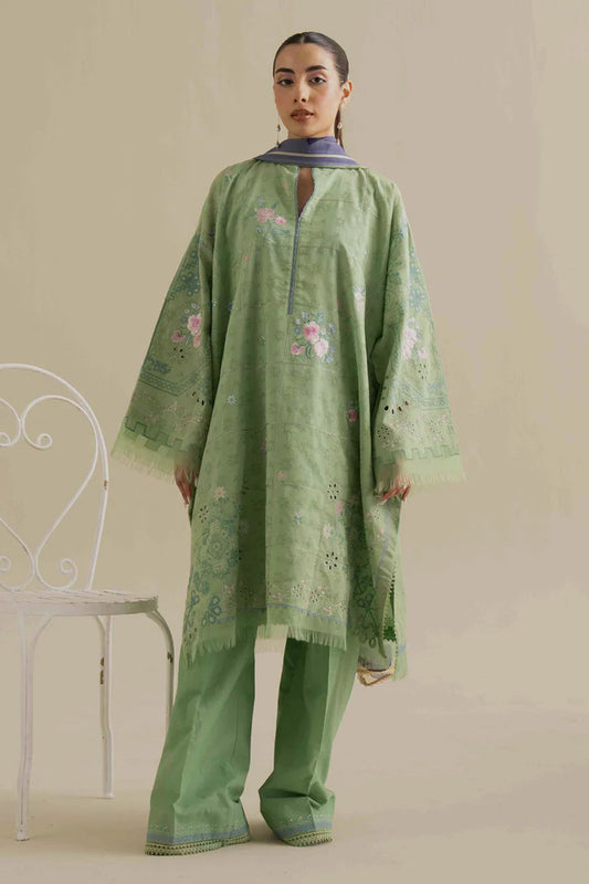 Sufa-5A- Pastel green delicate hand-embroidered jacquard suit By- Zara Shahjahan