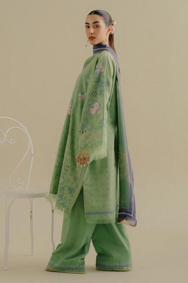 Sufa-5A- Pastel green delicate hand-embroidered jacquard suit By- Zara Shahjahan