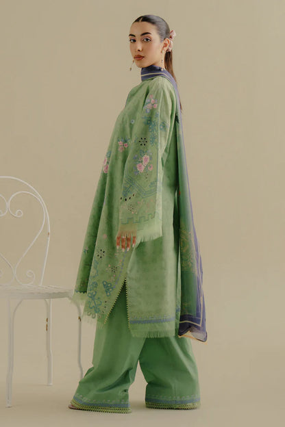 Sufa-5A- Pastel green delicate hand-embroidered jacquard suit By- Zara Shahjahan